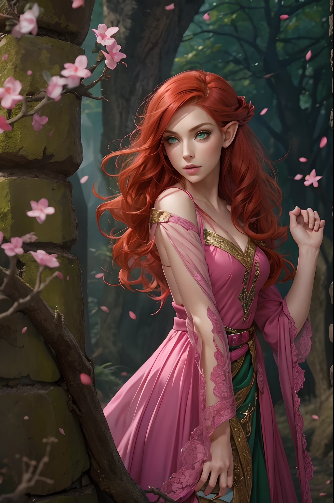 adult, beautiful, redhead, side part hairstyle, dark green eyes, pink dress, elf, sorcerer, fantasy