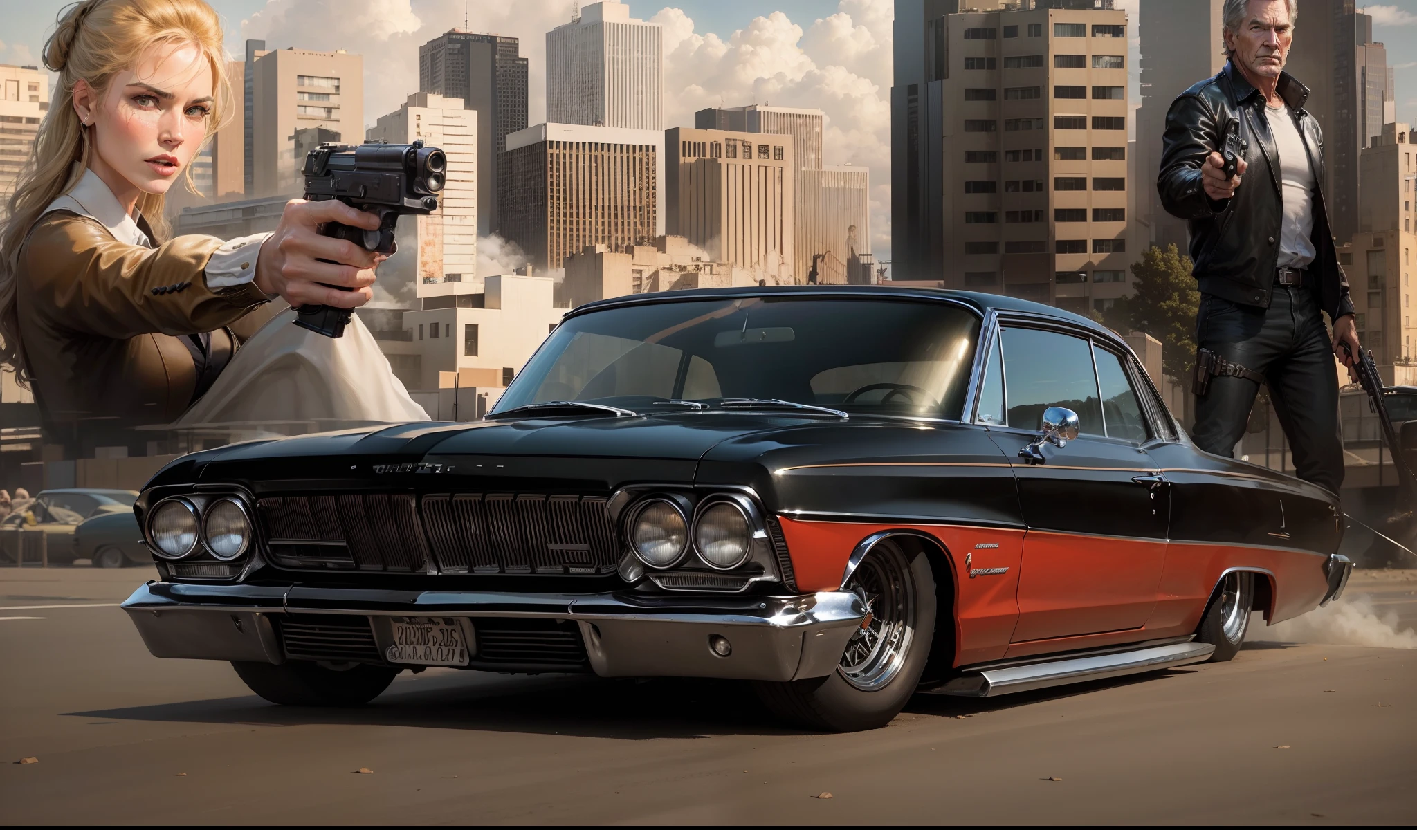 um imponente, Pontiac GTO 1965 classic black in the foreground, behind a close-up of a gangster Harrison Ford armed with a pistol and a beautiful gangster Angelina Jollie holding a pistol and the sun shining in the sky with clouds on the buildings and buildings of a street in the US