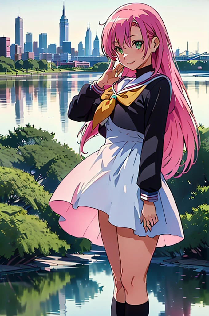 (top-quality、in 8K、32K、​masterpiece、nffsw、ighly detailed:1.2)、Full body, (Vibrant city skyline reflected on the tranquil waterfront:1.4)、beautiful shadow、beauitful face、blurry backround、-yeld beiful girl、shinny skin, Beautiful pink hair、Green eyes、a sailor suit、pleatedskirt、Black socks、Black shoes、white  panties、A smile、Raising arms、crouching down、white  panties、thighs thighs thighs thighs、from the front side、