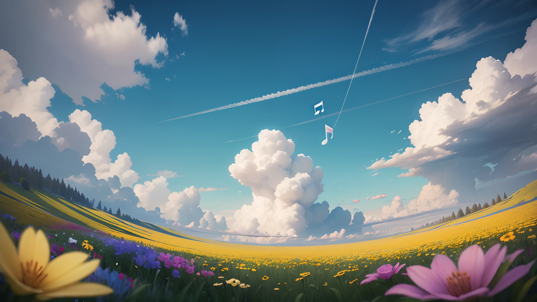 musical notes floating in a flower beautiful field, some clouds in the blue sky. unreal engine, hyper real --auto --s2