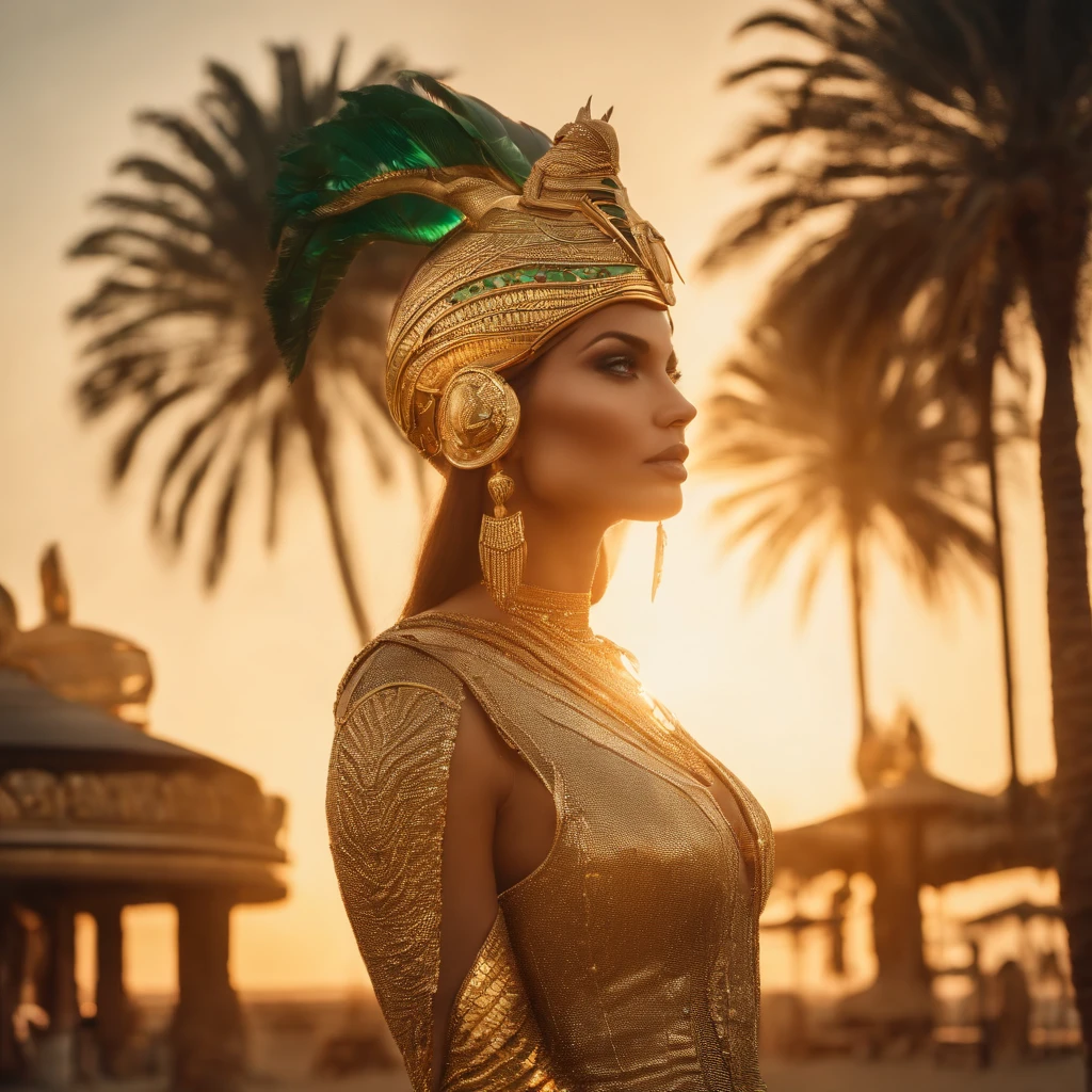 best quality, portrait of a beautiful, curvy woman with green eyes, in futuristic headdress inspired by an ancient egypt king and Cleopatra, Tutankhamun, snake, gold, silver, stones, scarab beetle, microchips, Integrated Circuit, cabels, electric glow, retro futurism, beach in sunset, warm glowing sun, palm trees, mecha-girl, human machine integration, long skirt in gold, in her hand she is holding a glowing spire, Steven Meisel