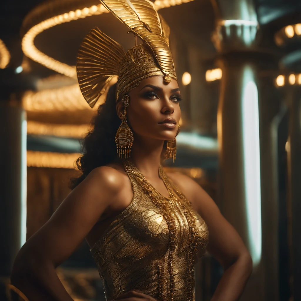 A girl dressed in Egyptian queen attire, with a Cleopatra-style makeup, wearing a golden scarab necklace, adorned in luxurious golden noble clothing, sitting on a golden throne inside a pyramid, with two fully armed Egyptian warriors standing on either side of the queen, realistic lighting effects, perfect details, ultra-high resolution 4k.