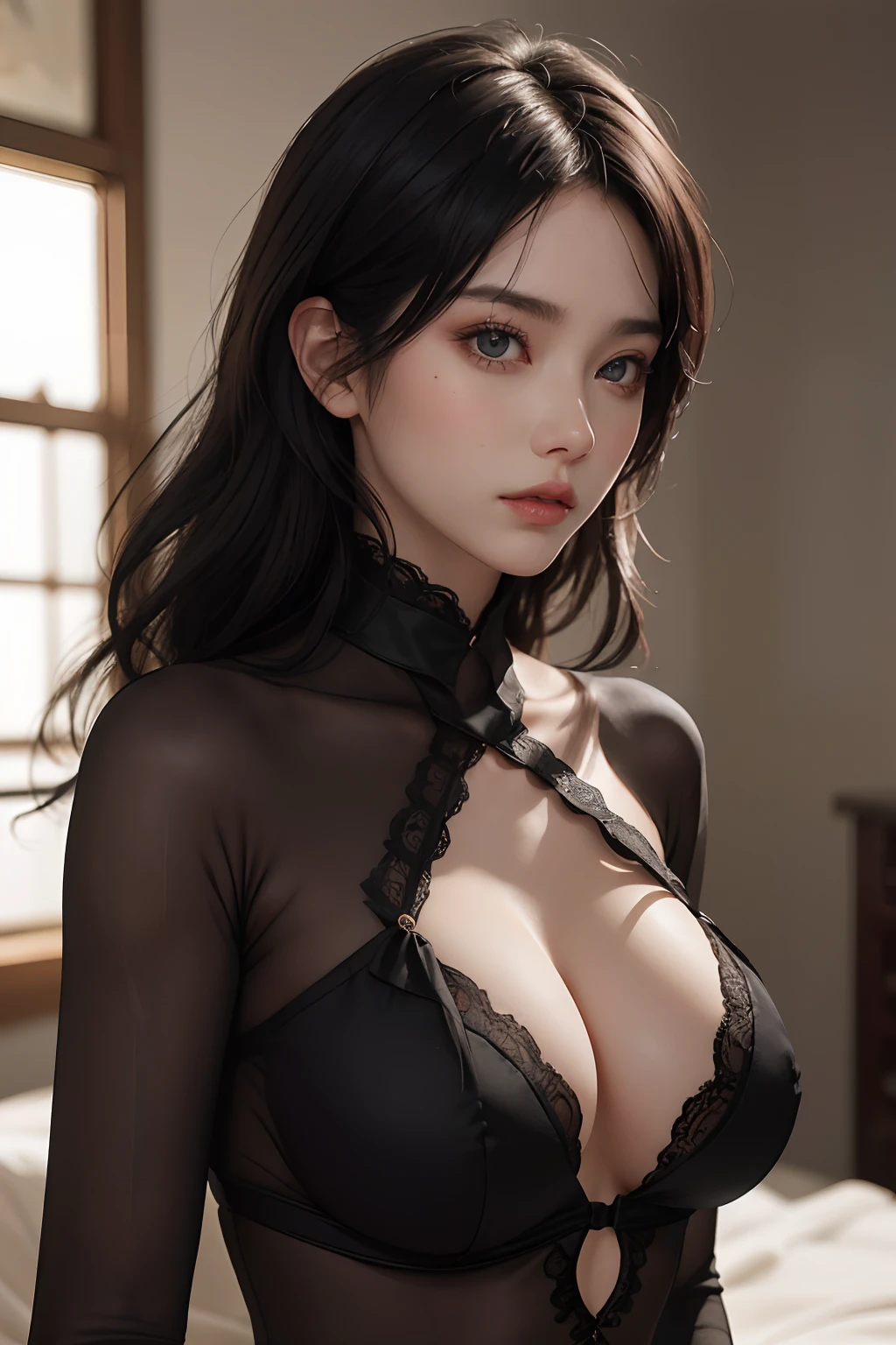 a 20 yo woman、A dark-haired、(Top Fade:1.3)、dark themed、Muted Tones、Subdued Color、highly contrast、(natural skin textures、Hyper-Realism、Soft light、sharp)、(masuter piece:1.3)、(8K、Photorealsitic、Raw photography、top-quality: 1.4)、Beautiful expression、(Lifelike face)、Beautiful hairstyle、realisticeyes、Beautiful details、(real looking skin)、Beautiful skins、(Black lace bodysuit)、absurderes、enticing、超A high resolution、A hyper-realistic、high-detail、the golden ratio、Colossal tits、super model