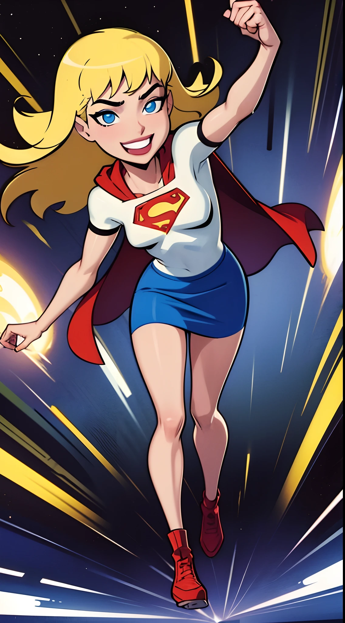 Supergirlfit, cabelos muito longos, ((cabelos loiros)), cabelo entre os olhos, rabo de cavalo alto, Fechaduras laterais, Olhos azuis, Supergirl, roupas brilhantes, impossible bodysuit, Pele apertada, skirt, Olhando para o Viewer sorrindo, (pernas musculosas:1.3), (heroic pose), ((She's flying in real space))