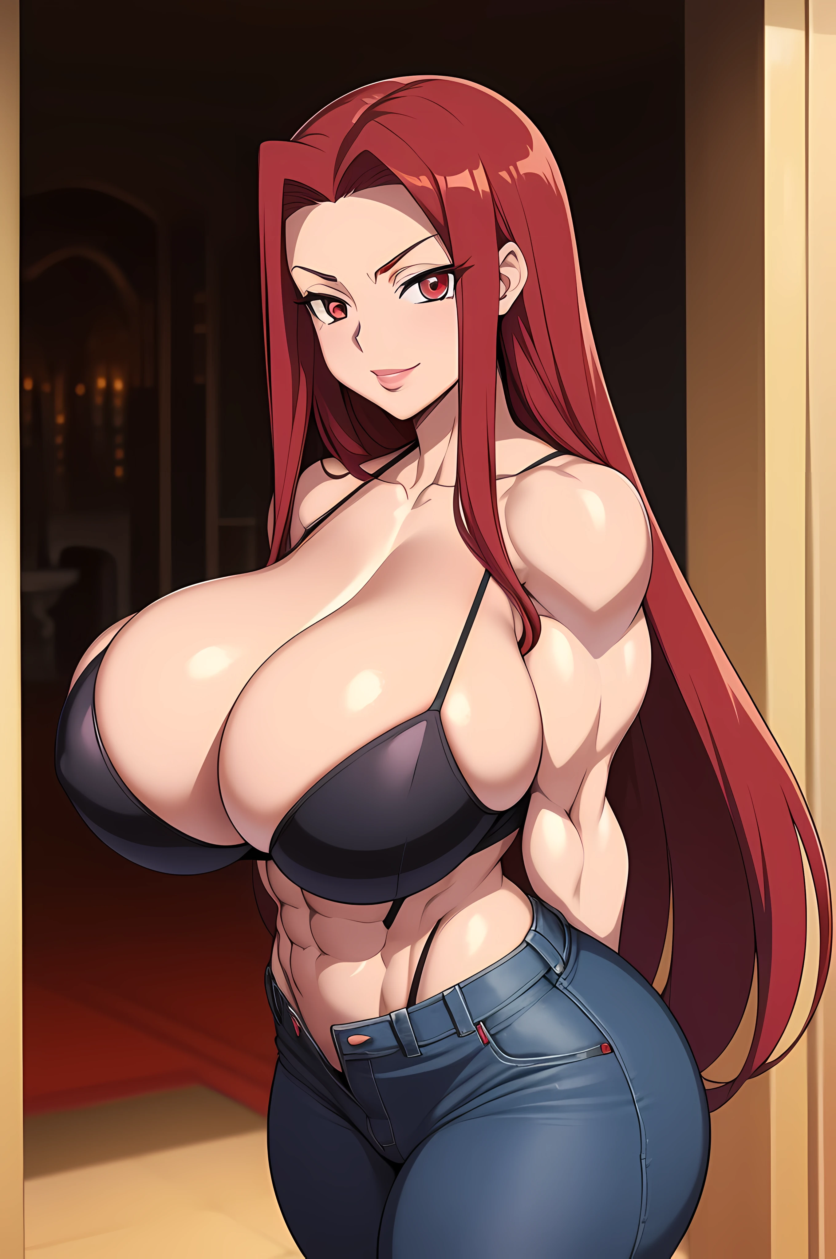 Code Geass, Kallen Stadfeldt 1girl, (((bimbo))), long red hair, puffy lips, painted lips, thick lips, wide hips, thick thighs, big breast, huge ass, revealing cleavage, erotic, Smile face, bubble butt, camel toe, Breasts, blue jeans, Black bra, (((((huge muscles)))))