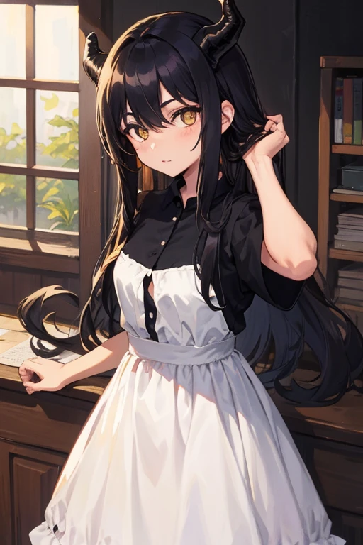 jovem, cabelo preto, olhos amarelos, vestido de princesa, cabelo preto, dragon horns, cabelo preto