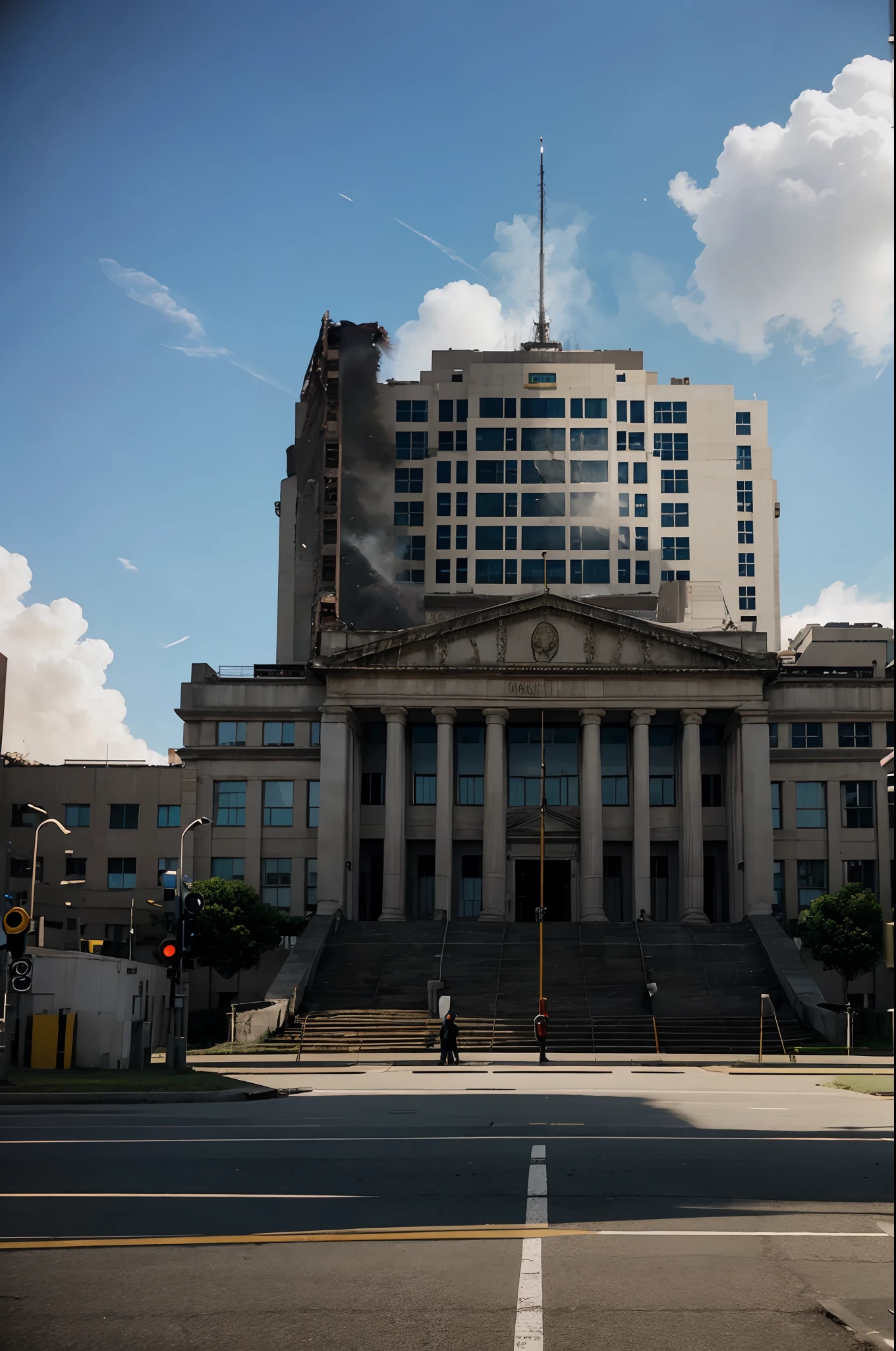 government building being destroyed cinematic realistic