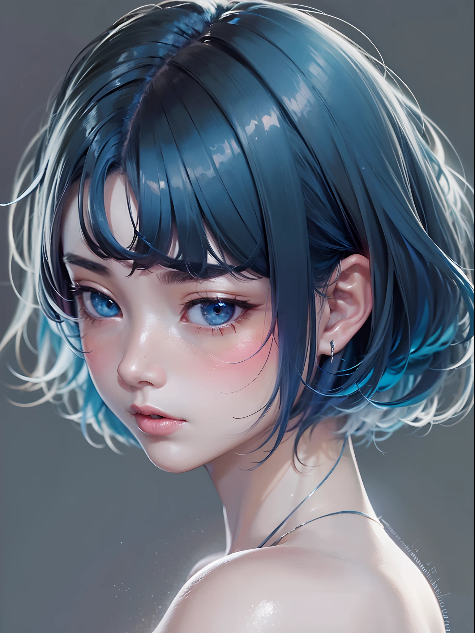 top-quality、masterpiece、dark blue hair、blue Eyes、black clothes、looking down to veiwer、The upper part of the body、Short bob and long tail, light skinned.