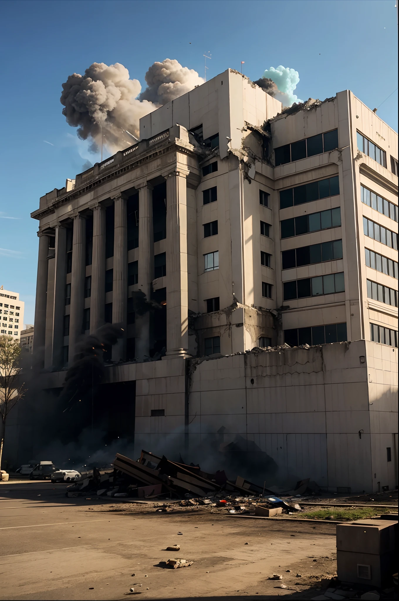 government building being destroyed cinematic realistic