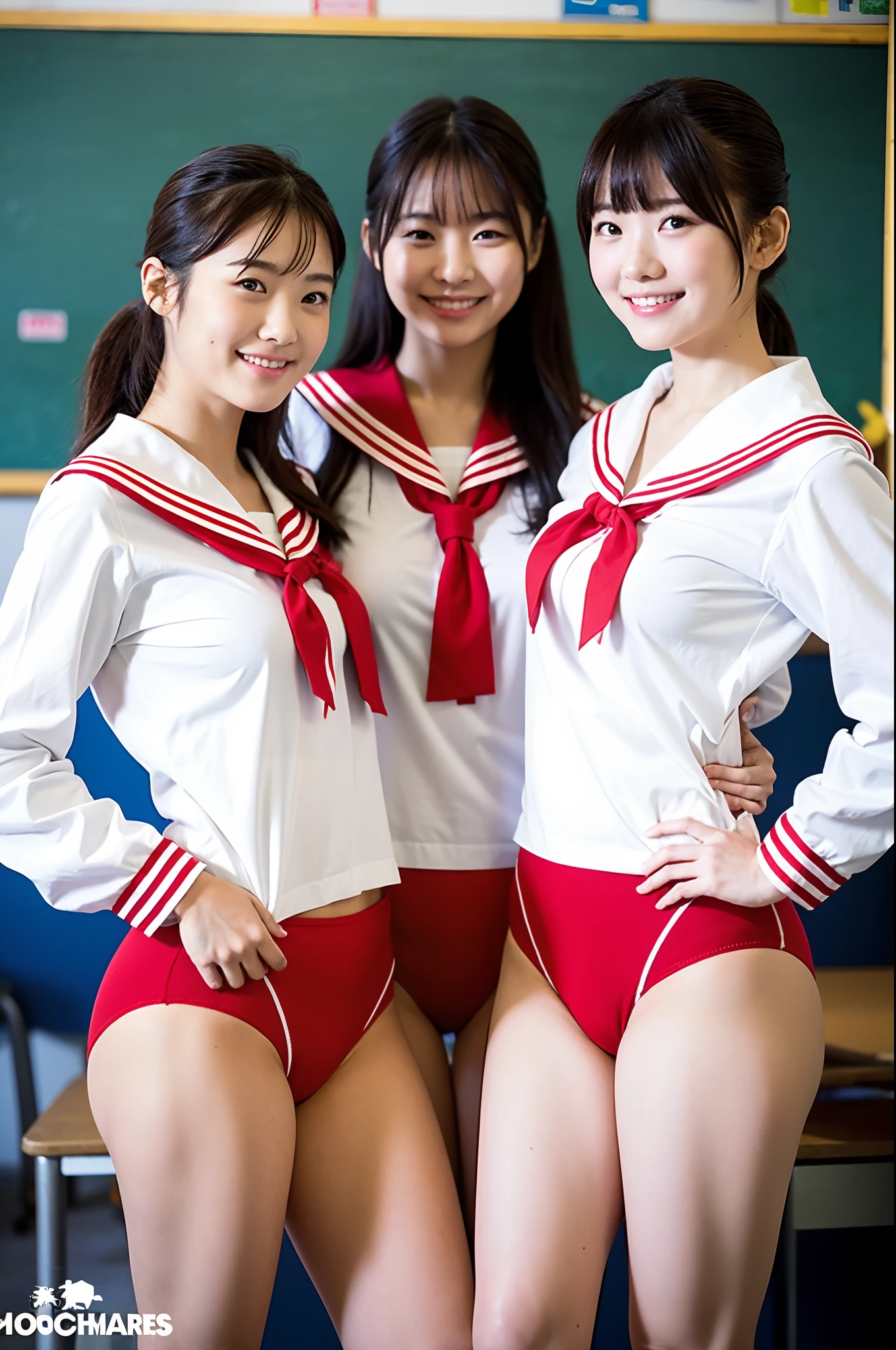 girls standing in school classroom,long sleeved white and red sailor shirt,speedo-style red briefs without logo,18-year-old,bangs,a little smiles,thighs,knees,crotch,low ponytail,from below