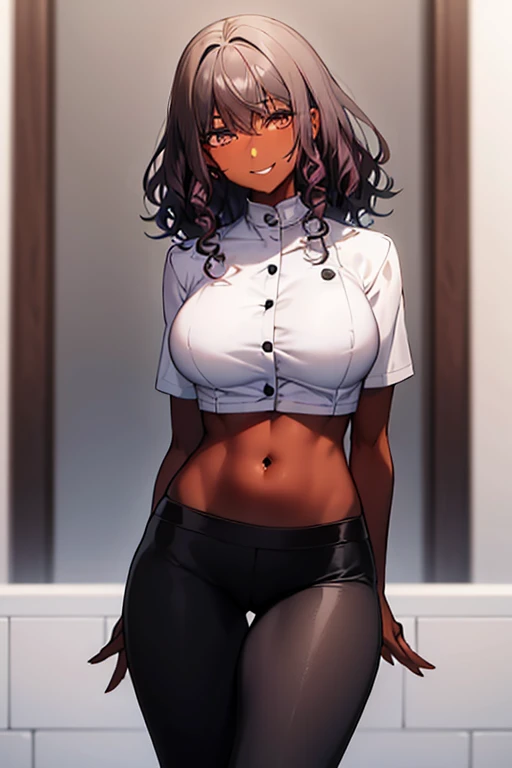 ((black woman with very dark brown skin)), ((curly hair)), short hair, ((pink hair)), ((hair without bangs)), neck-length hair, dark brown eyes, ((provocative smile)), sexy, sexy smile, ((small breasts)), very thin waist, medium glutes, ((gakuran with white buttons)), ((white leggings)), tight-fitting pants, standing, ((nails painted blue)) , best quality, masterpiece, beautiful, black skin