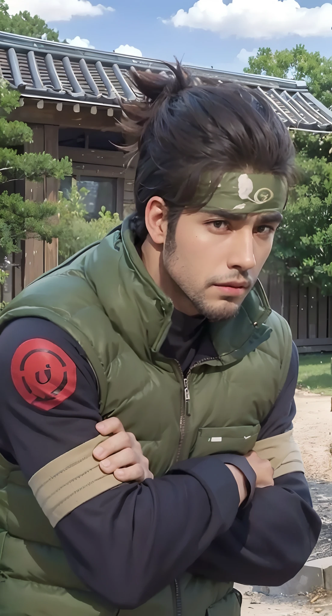 Real life adaption of this character ,handsome face,realistic same hair ,brown skin tone ,(realistic same outfit wear thick vest green color with many pocket), realistic same background , realistic light, realistic shadow, realism, hyper realistic,(photorealistic:1.2), Same sideburns and beard that connect,same logo printed on the shoulder