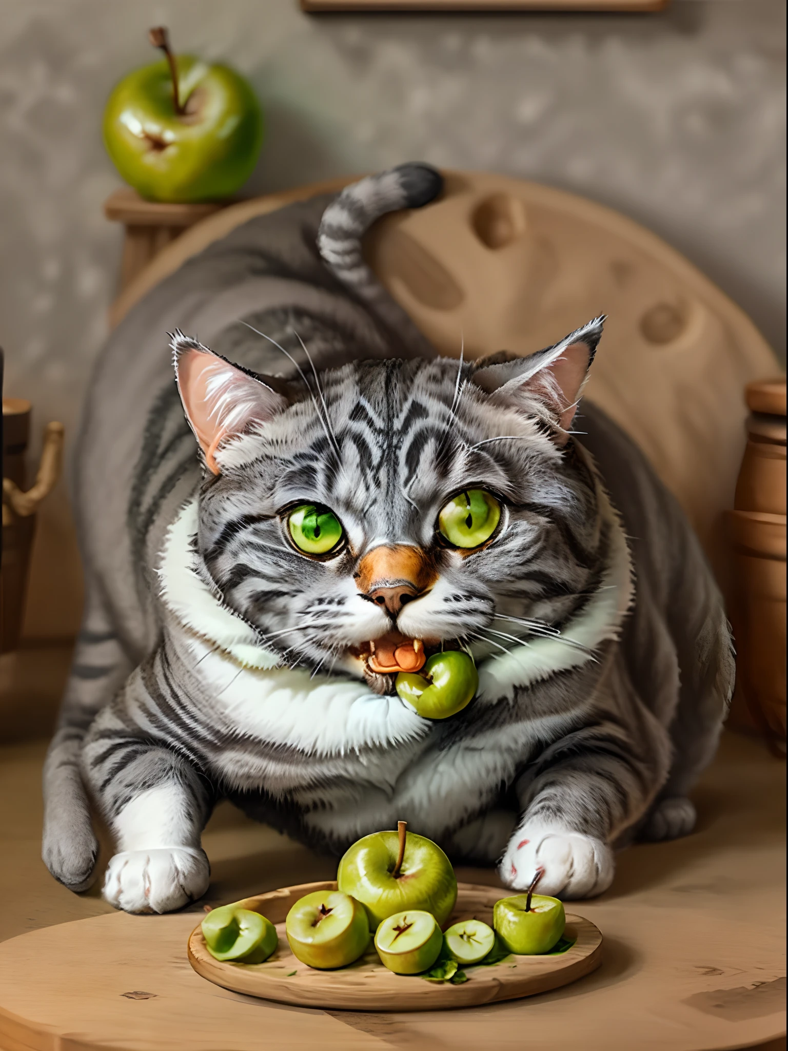 Pixar-style grey cat poster eating a green apple