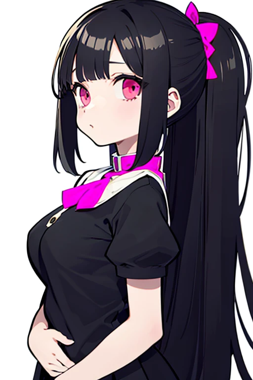 (flat-colors)、(colourfull),1girll、独奏,Look at viewers,Black hair、Pink eyes、hime-cut、With bangs、straight haired、length hair、Hair flowing from the neck to the chest、hightquality、hime-cut, Tidy hair,By bangs,Himecut hairstyle, cabelos preto e longos,thick bangs, black hime-cut hair, Long hair with bangs, long straight bangs, By bangs, Straight hairstyle、Colossal tits、Breasts are big、Hair flowing from the back of the neck