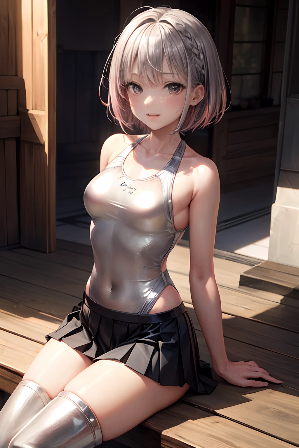 ((Black pleated skirt:1.5)), (Anime:0.7),, ((The costume is made of metal:1.5)), ((In Kyoto Animation Style)), super precision, masterpiece, very extremely beautiful, Princess Face, ((1 girl)), ((Solo:1.5)), ((Pink hair:1.5)), ((BobKat 1.5)), BREAK, ((Black eyes)), Latex, Short hair, ((Straight hair)), BREAK, ((The costume is silver:1.5)), BREAK, ((Silver Competition Swimwear)), (elbow groves), (Thigh boots), Professional Lighting, (25-years old), Narrow waist, Shiny skin, ((Oiled skin)), glistning skin, ((Looking at Viewer)), Cowboy Shot, Dynamic Pose, is looking at the camera, inside in room, Sexy, A slight smil, Slightly open mouth, ((Cute)), ((Silver costume:1.5)), sitting on, ((Hands behind your back)), Ultra-fine eyes, Ultra-fine face, ((Silver competitive swimsuit:1.5)), ((thin lips:1.5)), Sexy, ((medium breasts:1.5)), (kawaii faces),((a black skirt:1.5)),