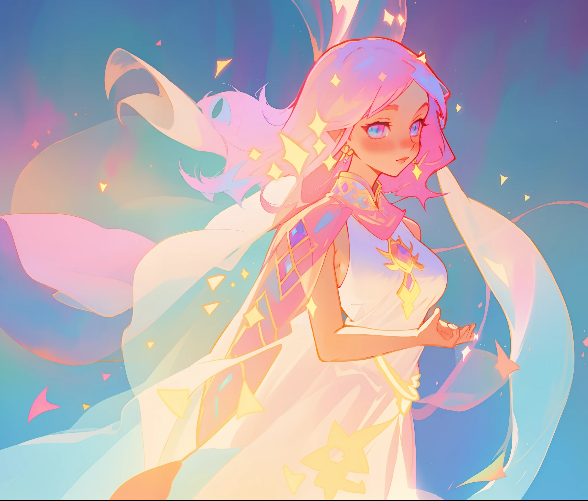 beautiful girl in white arabian dress, (arabian princess), (arabian dancer), (fantasy arabian dress), intricate dress design, long colorful sparkling pink hair, watercolor illustration, Lois van Baarle, glowing aura around her, Glen Keane, jen bartel, glowing hair, beautiful digital illustration, fantasia background, beautiful, masterpiece, best quality, anime disney style, (detailed eyes), golden ratio, perfect composition
