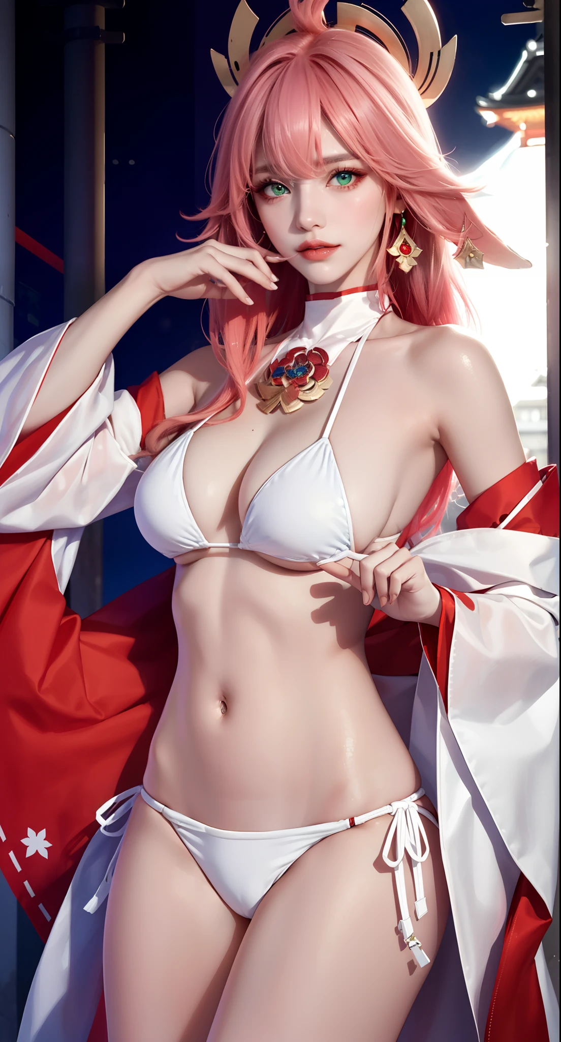 ((autumn background))), ((Japan castle background)))), (white bikini:1.5), (((luminous background))), (Masterpiece, Excellent, 1girl, solo, complex details, color difference), realism, ((medium breath)), off-the-shoulders, big breasts, sexy, Yae Miko, long pink hair, red headdress, red highlight, hair above one eye, green eyes, earrings, sharp eyes, perfectly symmetrical figure, choker, neon shirt, open jacket, turtleneck sweater, graffiti, dim lighting, alley, looking at the audience, ((mean, seductive, charming)), (dynamic pose), tulle, bare shoulders, blooming flower fields, radiant skin, faint smile, sexy, bust, no breast cover, naked, cocked ass, tummy look