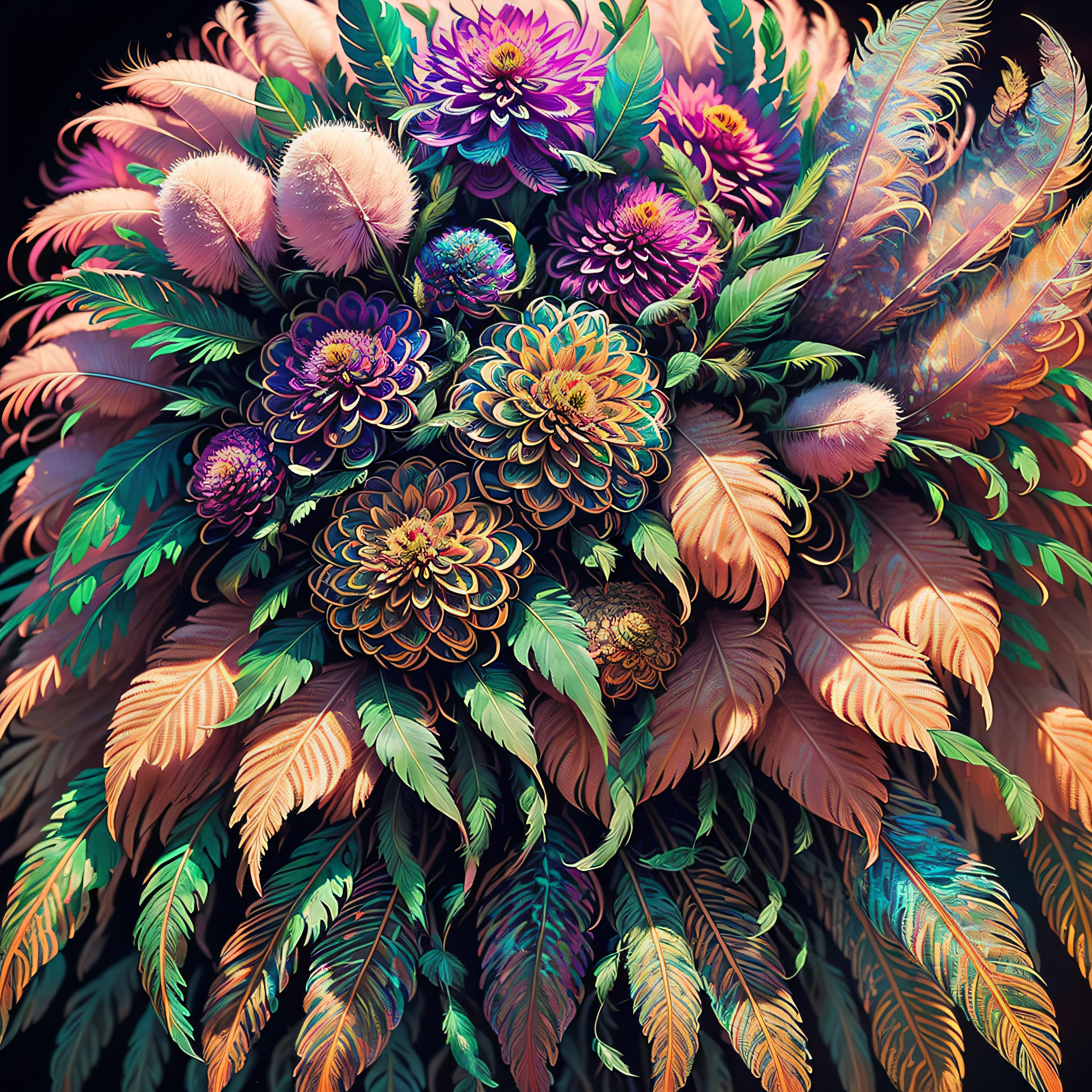 Riff Style 2 (masutepiece, top-quality, Best Quality, Official art, Plants and bird feathers, Beautiful and aesthetic:1.2), (Dahlia and pampas grass:1.3), Extremely detailed,(Fractal Art:1.1),(Colorful:1.1)(Flowers:1.3),highest details,(Zentangle:1.2), (Dynamic Pose), (Abstract background:1.3), (Shiny skin), (Many colors:1.4), ,(earrings), (Feathers:1.5)