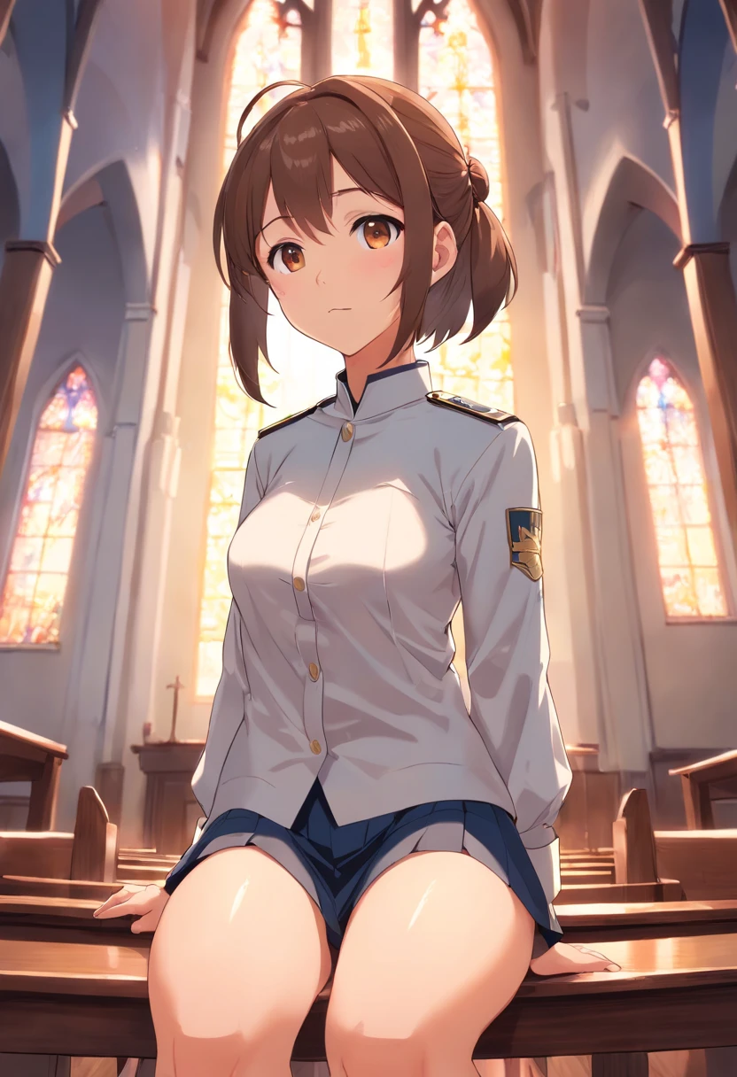 Anime, church, 1girl, brown hair, short pony tail, brown eyes, medium breasts, sideboob, wearing nun's uniform, no bra, bottomless, show off pussy, Looking at Viewer, disdain, contemptuous, skyporn, in confession room, From above, Nipple Tweaking, Areola,big areolae, puffy niples, nipples through, ((best quality)), spread legs, spread pussy, sexual fluid, pussy juice, gleaming skin, drooling