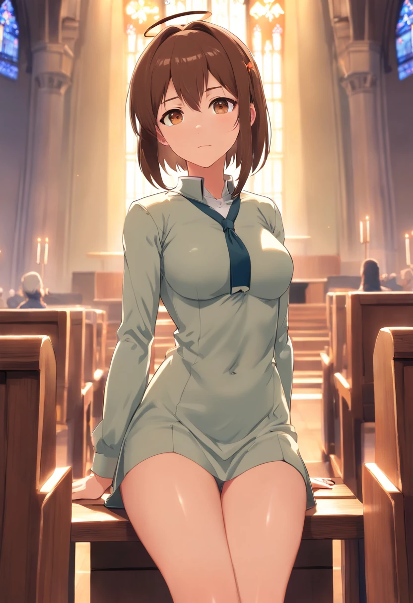 Anime, church, 1girl, brown hair, short pony tail, brown eyes, medium breasts, sideboob, wearing nun's uniform, no bra, bottomless, show off pussy, Looking at Viewer, disdain, contemptuous, skyporn, in confession room, From  above, Nipple Tweaking, Areola,big areolae,  puffy niples, nipples through, ((best quality)), spread legs, spread pussy, sexual fluid, pussy juice, gleaming skin, drooling