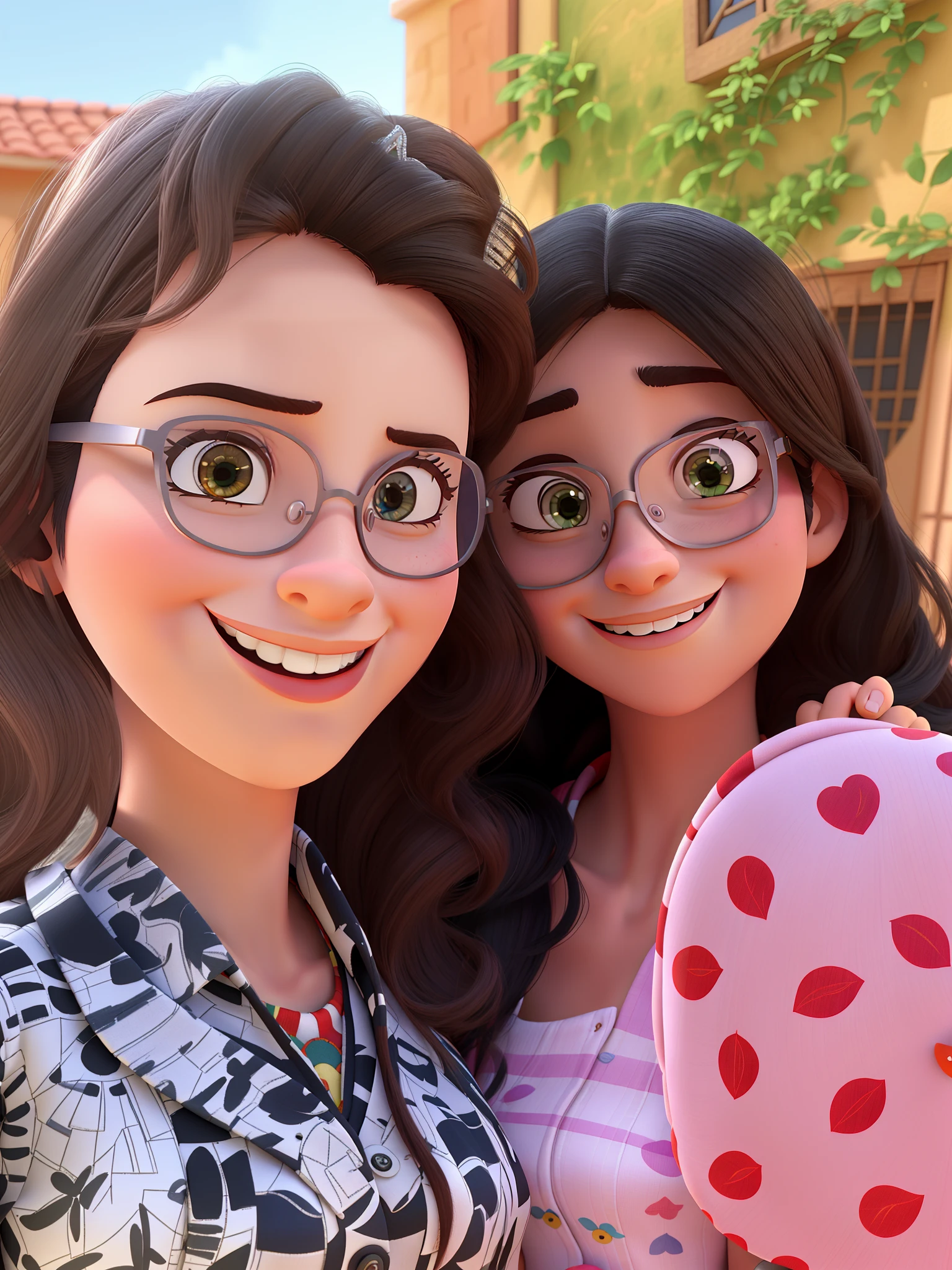 Casal de duas mulheres sorrindo estilo Disney pixar, alta qualidade, 3d with woman on the left wearing a silver glasses