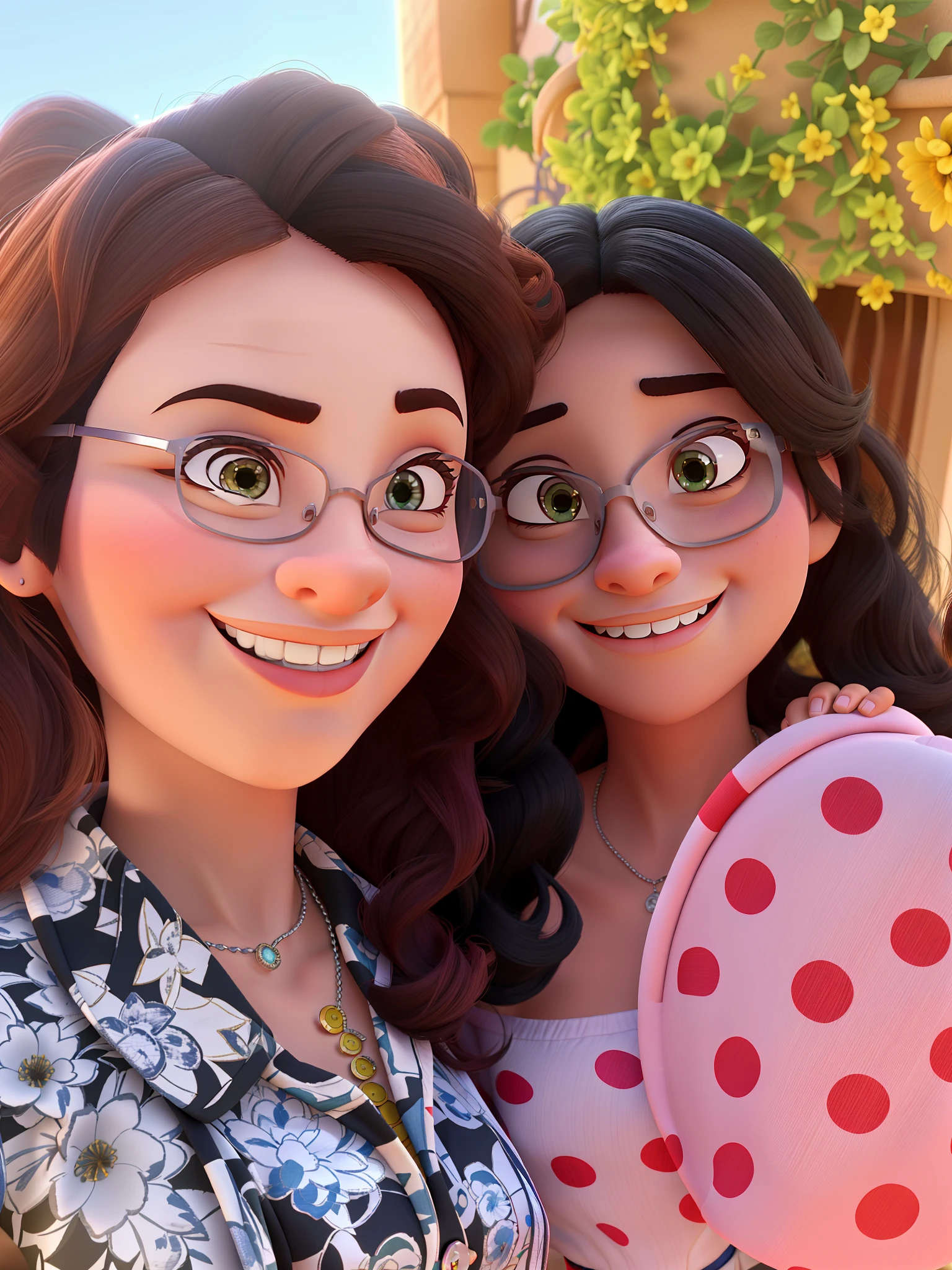 Casal de duas mulheres sorrindo estilo Disney pixar, alta qualidade, 3d with woman on the left wearing a silver glasses