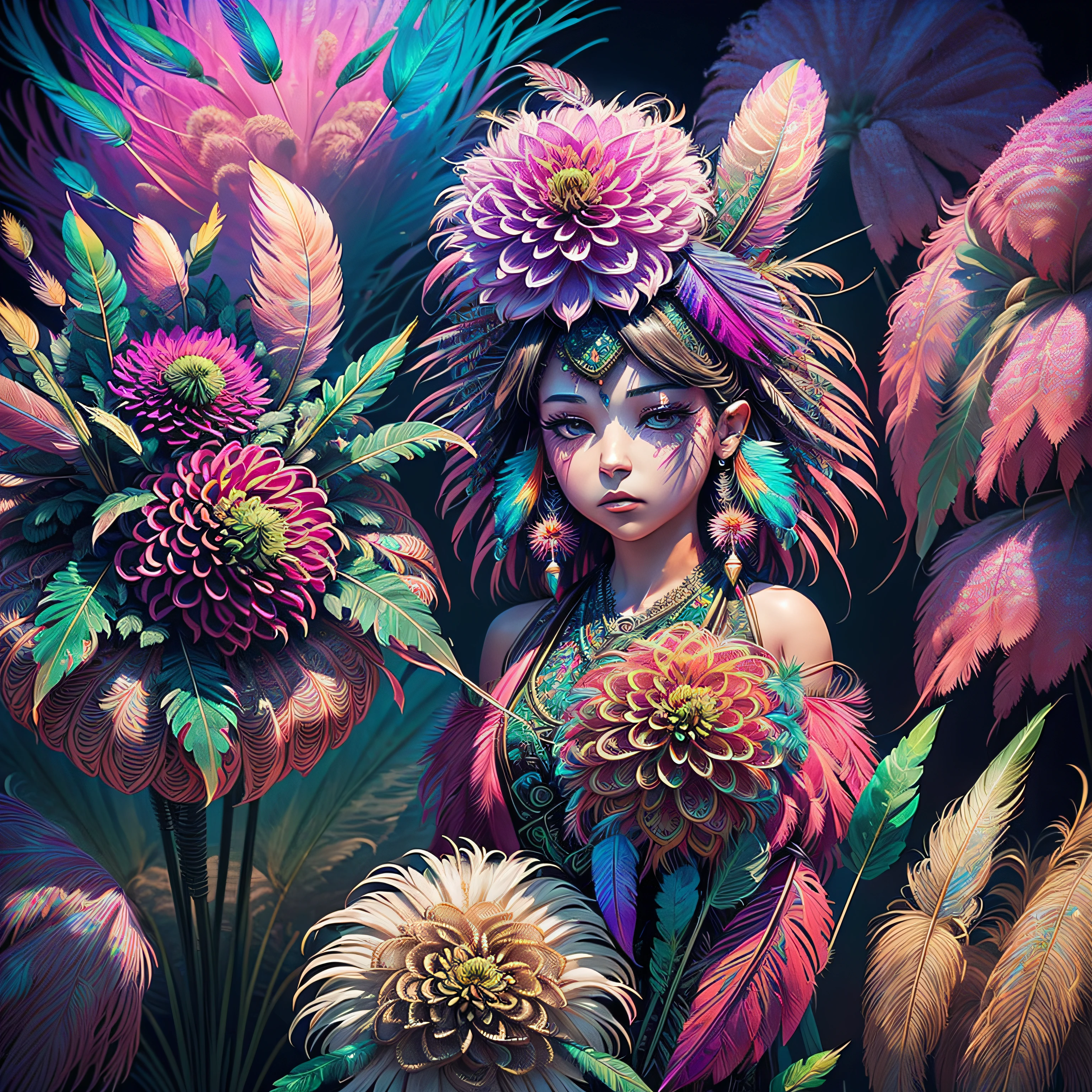 Riff Style 2 (masutepiece, top-quality, Best Quality, Official art, Plants and bird feathers, Beautiful and aesthetic:1.2), (Dahlia and pampas grass:1.3), Extremely detailed,(Fractal Art:1.1),(Colorful:1.1)(Flowers:1.3),highest details,(Zentangle:1.2), (Dynamic Pose), (Abstract background:1.3), (Shiny skin), (Many colors:1.4), ,(earrings), (Feathers:1.5)
