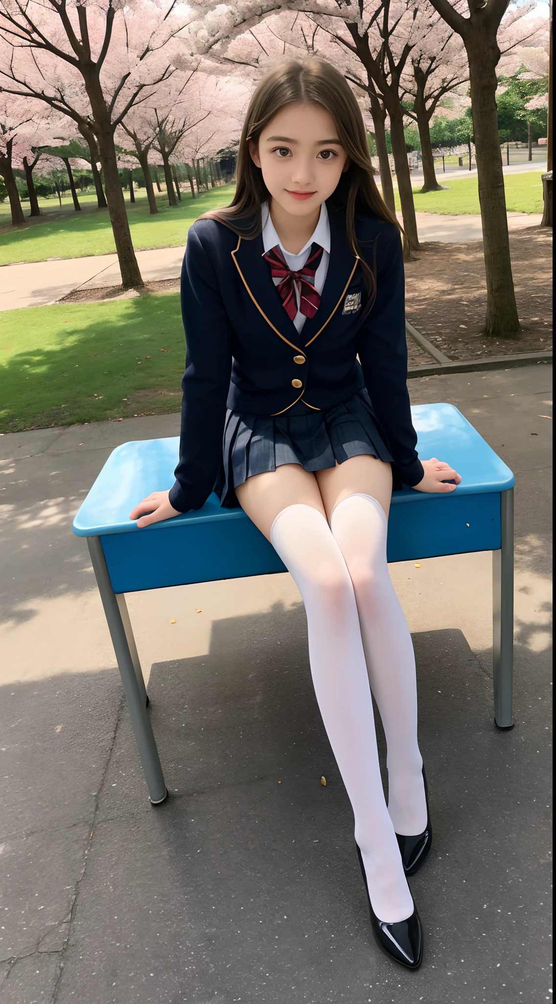 16 year old pre-teen, European, blonde, small breasts, big eyes, long legs, close-up of thighs, school uniform, skirt tiny pleated, black tights, high heel shoes, Extremely high angle shot, from above the girl, (Reelmech: 1.5), vagina showing, park background, Trees, cherry blossom, mirrored floor with reflections, sitting on school chair , ray tracing, HDR