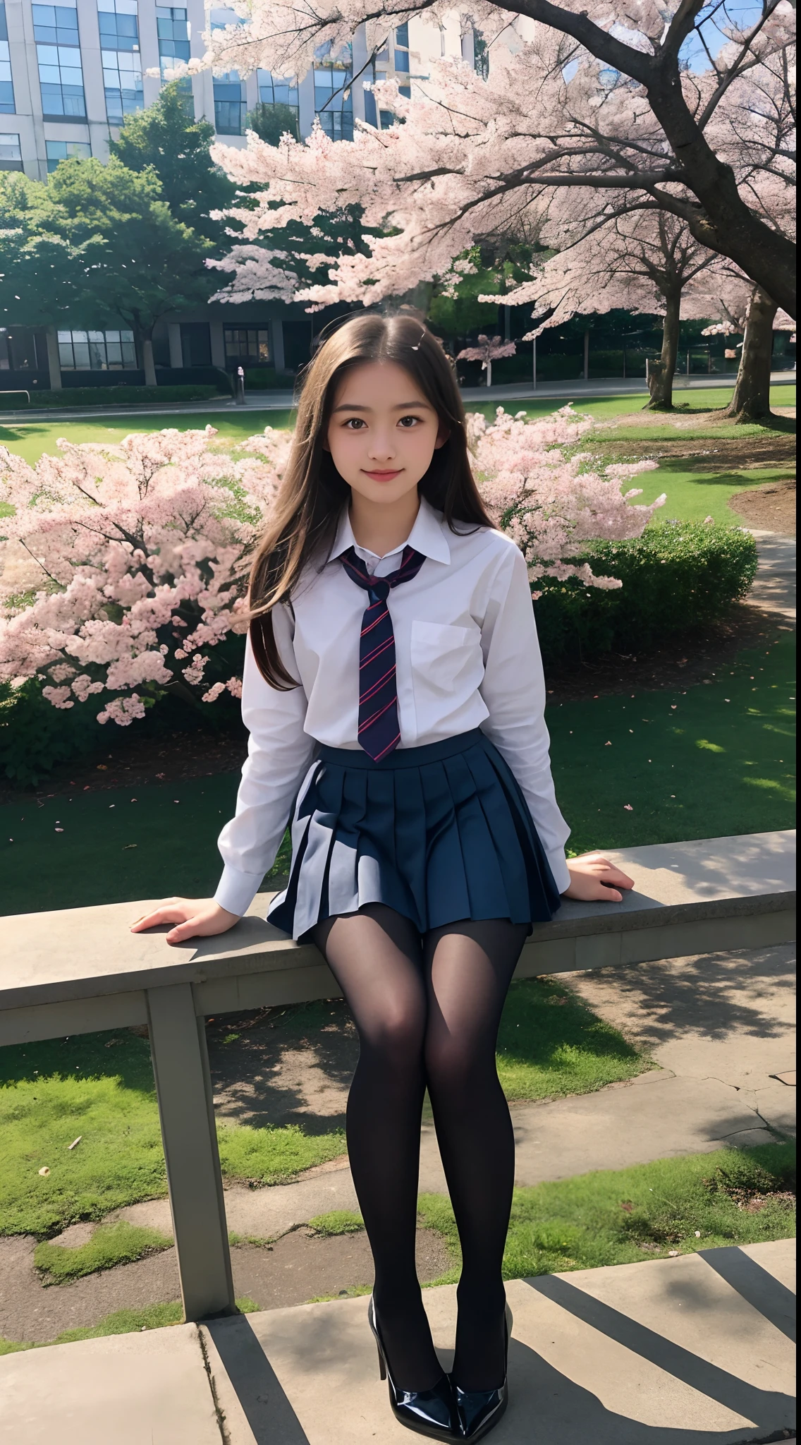 -teen, European,nde, small breasts, big eyes, long legs, close-up of thighs, school uniform, skirt tiny pleated, black tights, high heel shoes, Extremely high angle shot, from above the girl, (Reelmech: 1.5), vagina showing, park background, Trees, cherry blossom, mirrored floor with reflections, sitting on school chair , ray tracing, HDR