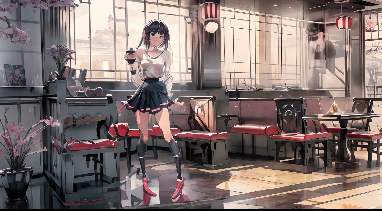 high quality, very attractive woman in a blouse, chequered miniskirt, tennis shoes drinking coffee in a highly detailed cozy retro Japanese café in the 1960s with light filtering through the blinds, ultrarealistic, award winning photography, dreamlike, very detailed, maximalist, like anime movie poster, high quality, 8K Ultra HD, vibrant multitude of colors, digital anime paintings, Feels like Japanese anime, Three-dimensional expression, sunset atmosphere, (Sharp focus:1.3), high detail, wearing (tight shirt:1.2), beautiful detailed face, hazel eyes, long hair, (attractive young woman:1.3), (seductive:1.1), (blushing:1.1), hourglass body shape, small round breasts, wide hips