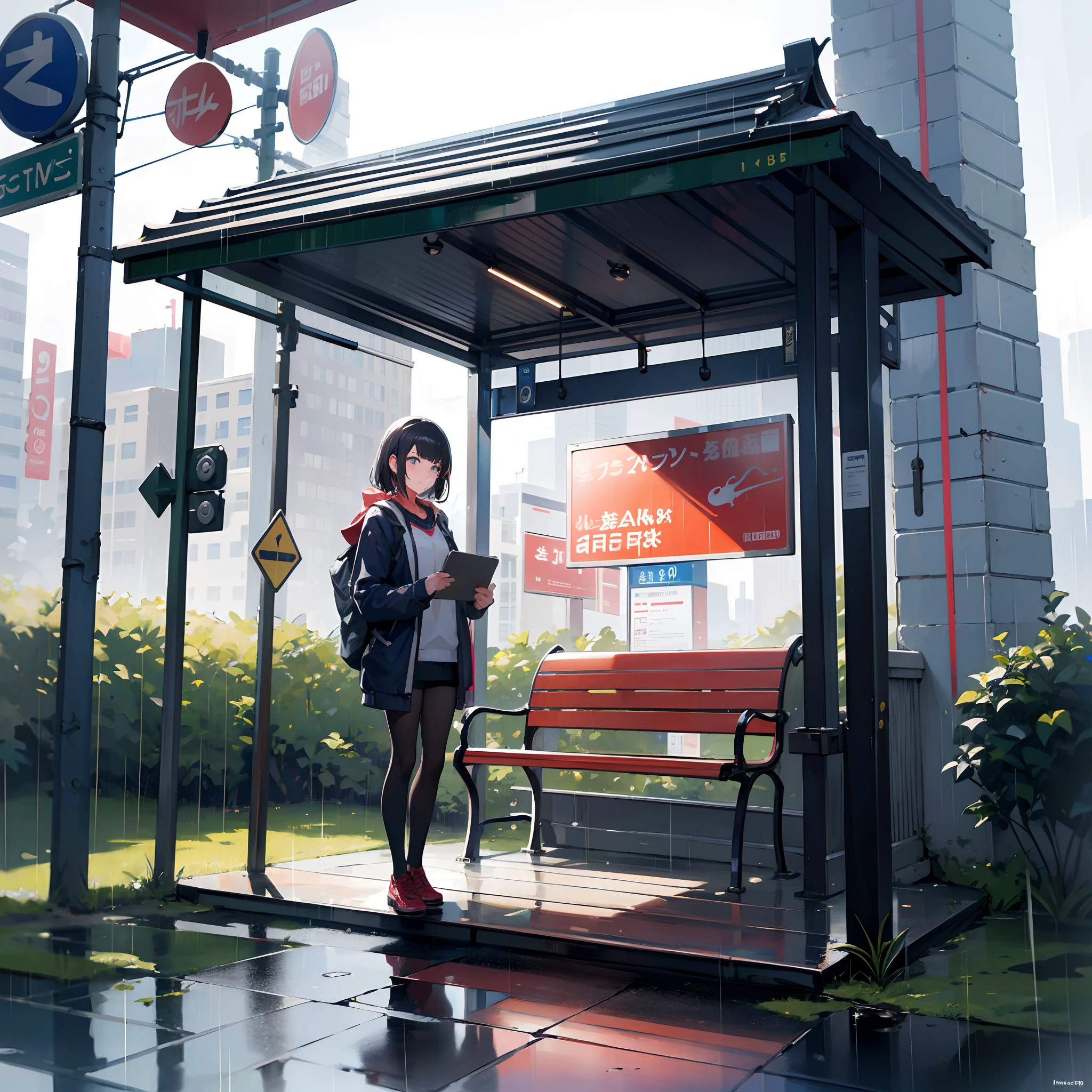 A bus stop with a bench and a sign on it, Studio Ghibly, rainy daytime, absurdres, high res, ultrasharp, 8K, masterpiece