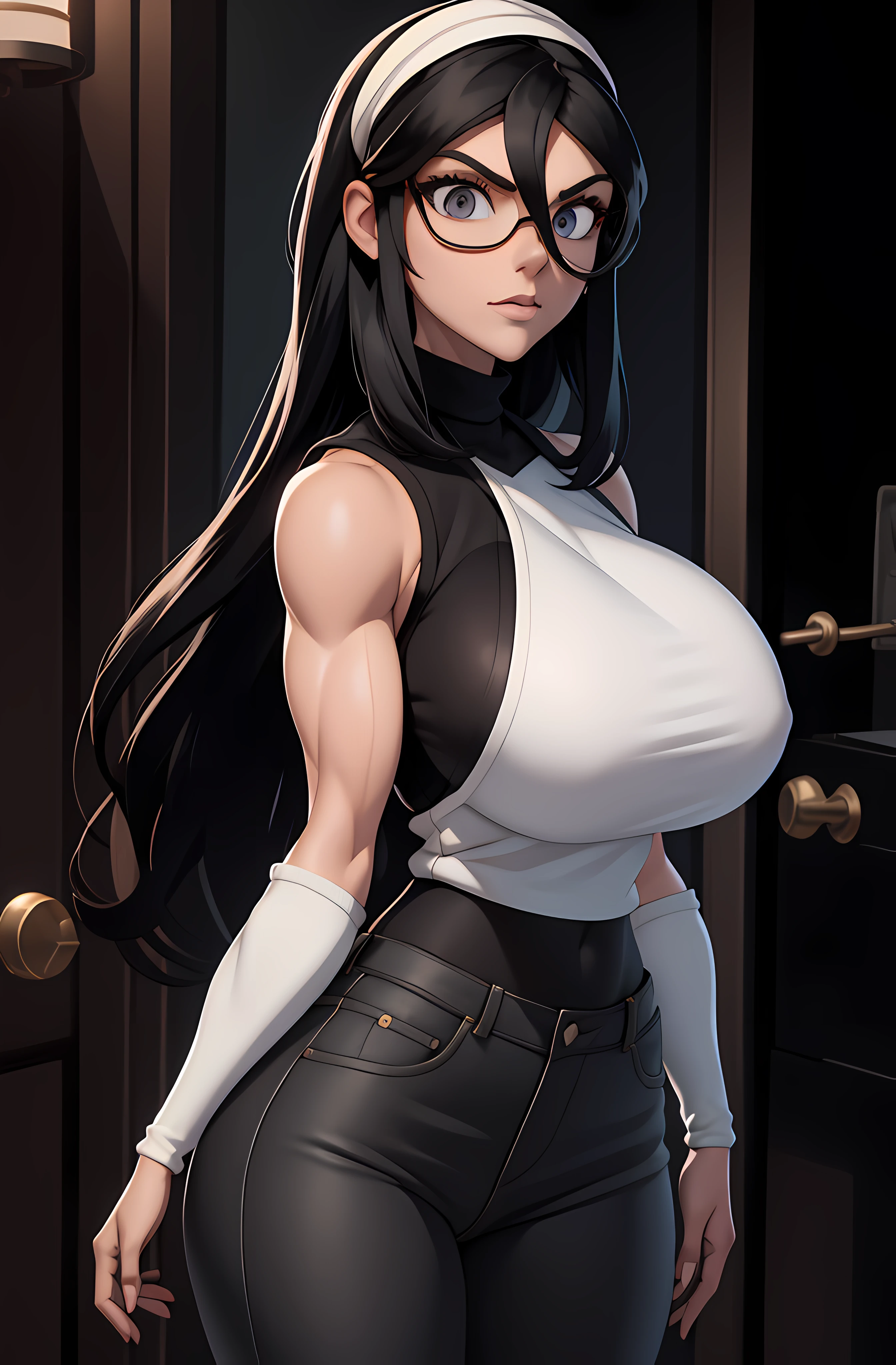 scientific vest, long hair hime cut, black hair, pale sking, black eyes, ,big breast, pants, pullover, tilda, ((((huge muscles))))