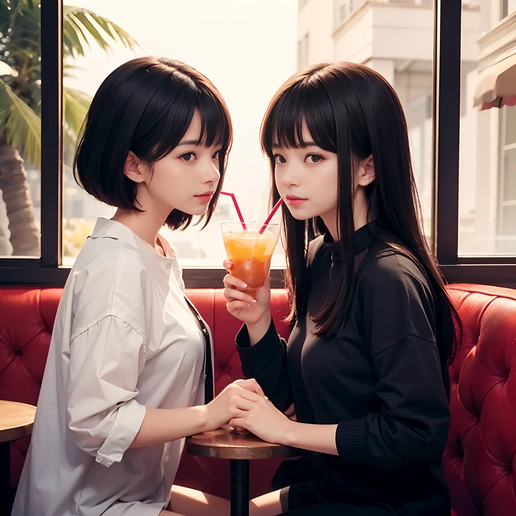 Two girls facing each other and drinking cocktail drinks through straws,Both are very cute.Smiled,Long black hair and short brown hair,Accurately drawn face,tre anatomically correct,Accurate depiction of the fingers of the hand,Autumn outfit,at the cafe,Stylish blue cocktail drink topped with fruit,masterpiece,hiquality,accuracy,