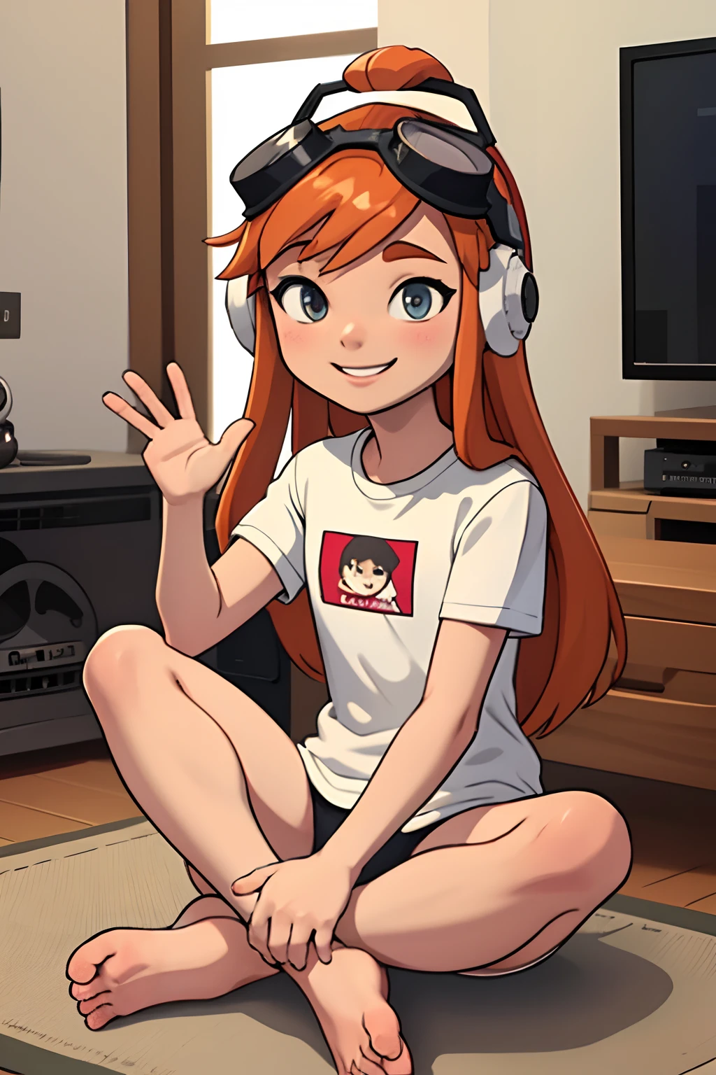 masterpiece, best quality, meggy, headphones, goggles on head, white shirt, underwear, barefoot, no shoes, perfect feet, full body, smile, sitting in living room playing video games