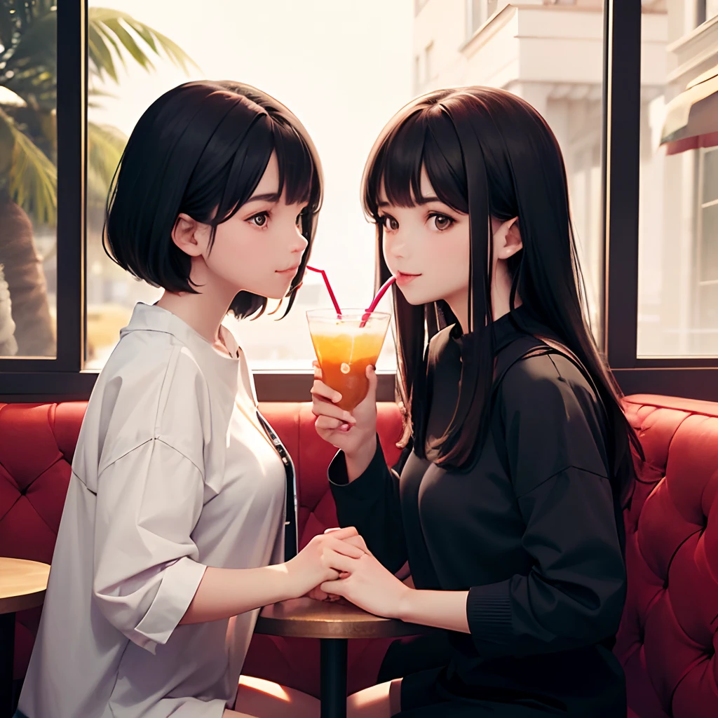Two girls are facing each other and drinking a cocktail drink through a straw,Both of them are very cute.Smiled,Long black hair and short brown hair,Accurately depicted faces,tre anatomically correct,Accurate depiction of hand fingers,Autumn outfit,at the cafe,Blue fashionable cocktail drink topped with fruit,masterpiece,hiquality,precision,