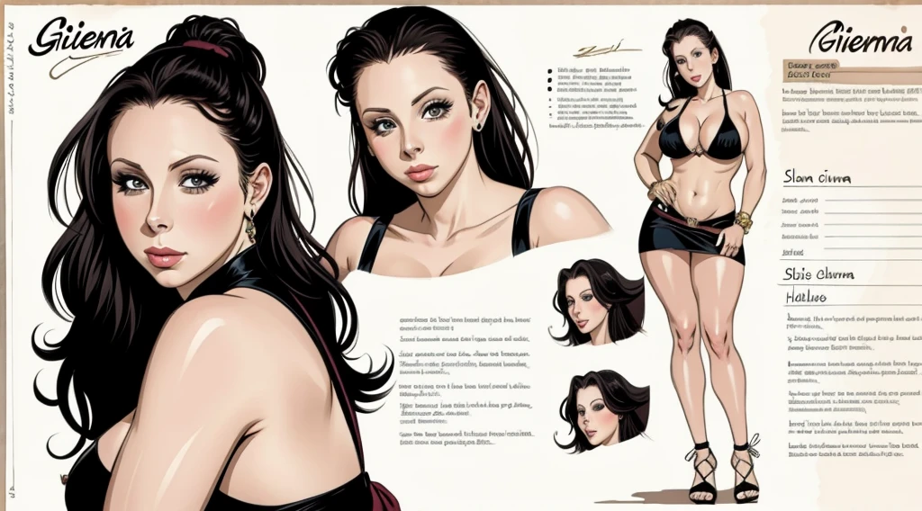 four pictures with different expressions in the same drawing style each shows one woman and two other girls, a few cartoon images of the same female character that i'm not sure what this is, a young girl touching her stomach and her breasts, a collection of sketches of several women, two pages show a woman in underwear next to another girl wearing a thongy panties