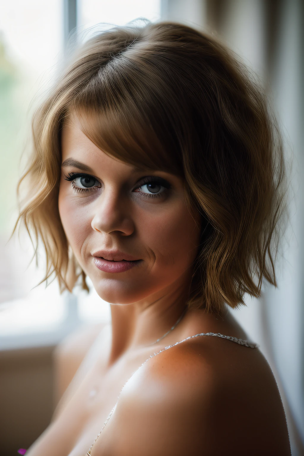 Realistic photo of a beautiful j4n3f0nd4-v2 woman,1girl, solo, NSFW, looking at viewer, short hair, blonde hair, upper body, parted lips, lips, portrait, realistic, soft lighting, professional Photography, Photorealistic, detailed, RAW, analog, sharp focus, 8k, HD, DSLR, high quality, Fujifilm XT3, film grain, award winning, masterpiece