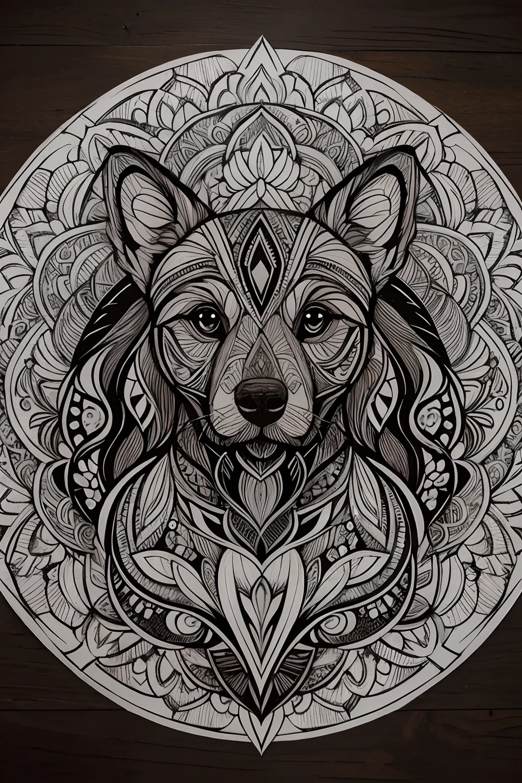 Desenho de Desenhos para colorir para adultos, linhas em negrito, linhas escuras, corpo do filhote de cachorro mandala, Mandala cara de cachorro, Mandala Face, symmetric, multicor, Arte de linha limpa, arte de linha fina.
