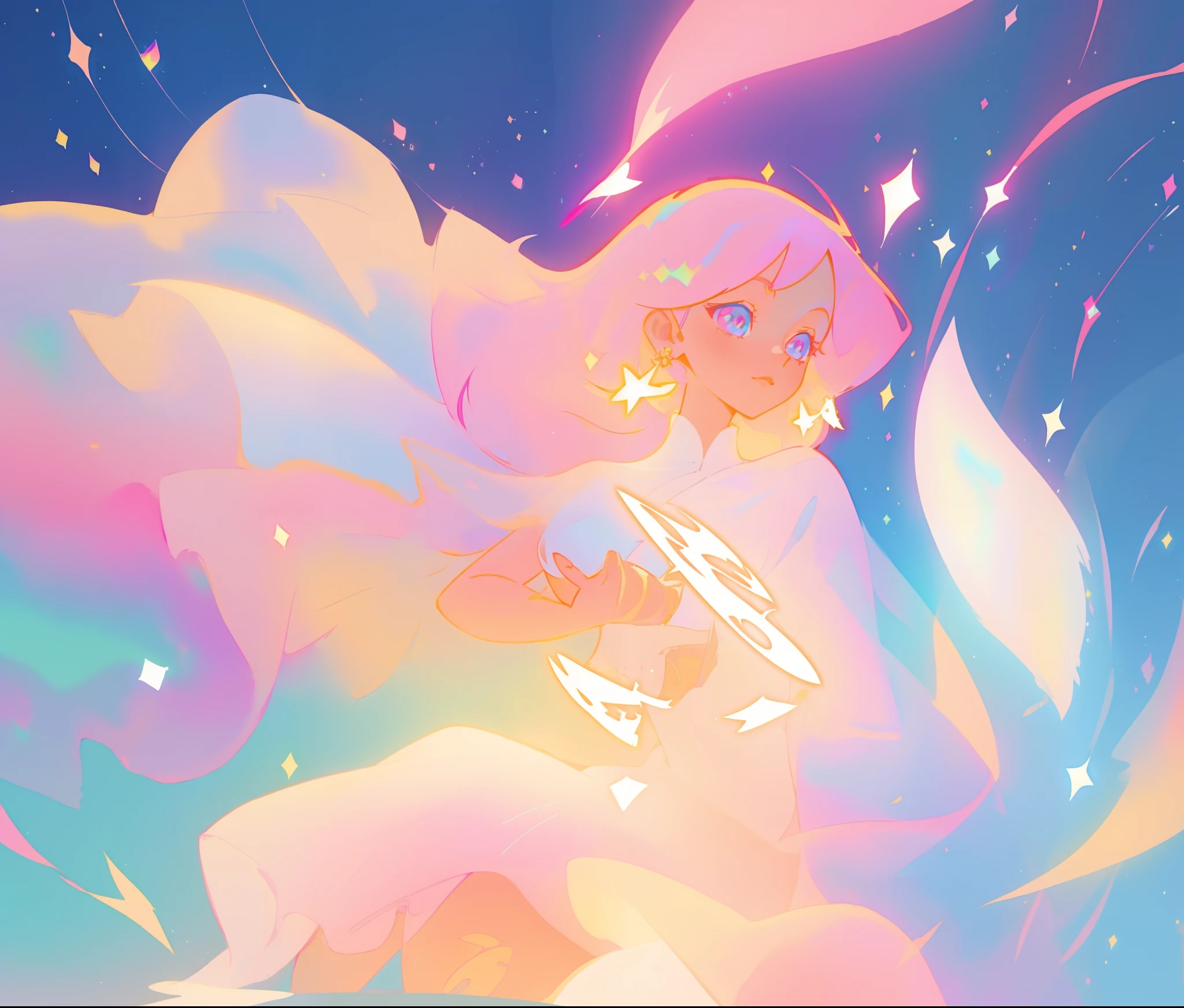 beautiful girl in white arabian dress, (arabian princess), (arabian dancer), (fantasy arabian dress), intricate dress design, long colorful sparkling pink hair, watercolor illustration, Lois van Baarle, glowing aura around her, Glen Keane, jen bartel, glowing hair, beautiful digital illustration, fantasia background, beautiful, masterpiece, best quality, anime disney style, (detailed eyes), golden ratio, perfect composition