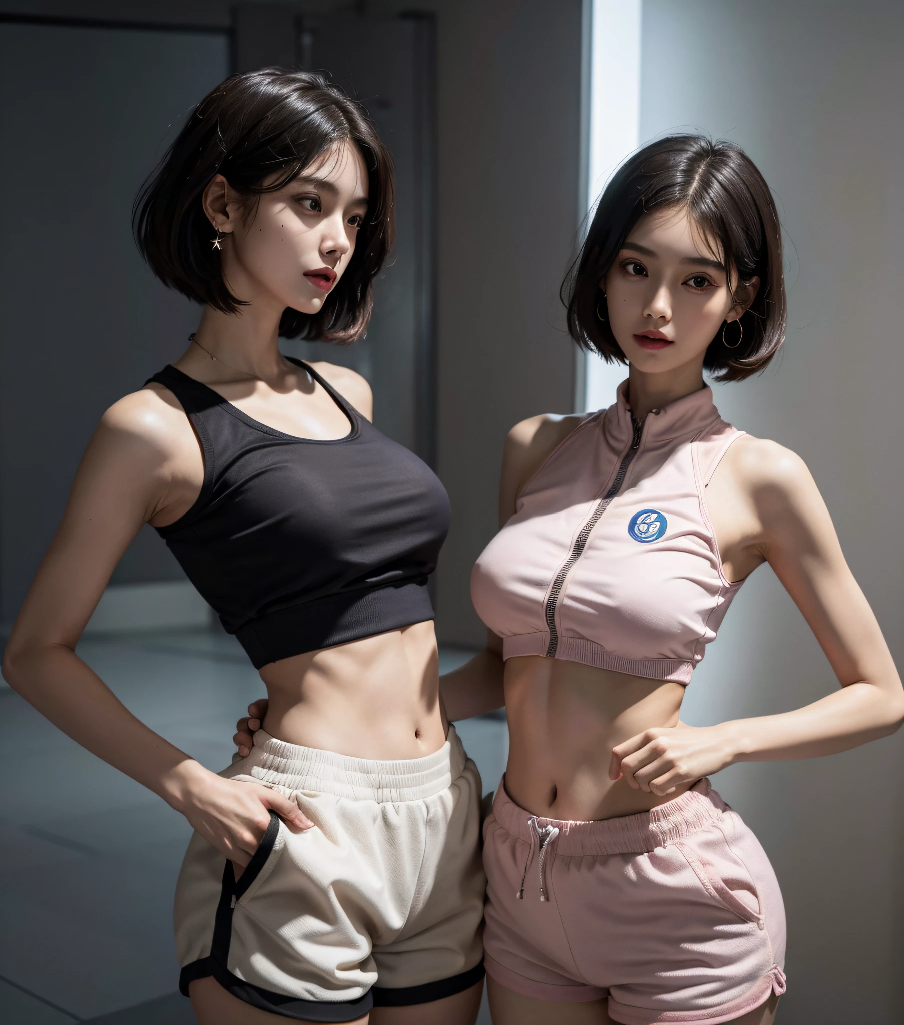 absurdres, RAW photo, extremely delicate and beautiful, masterpiece, Best Quality, ultra high resolution, 16k, hyperrealistic, ultra-detailed, (perfect anatomy), super Detailed skin, perfect figure, Very detailed CG 8k wallpaper, in her 20s, very Slim body, narrow waist, very small head, very small face, delicate facial features, tearful mole, mole on chest, earring, thin legs, (very huge round breasts), midriff, sleeveless, full body shot, short medium hair, ((track suit)), shorts, yuri,
