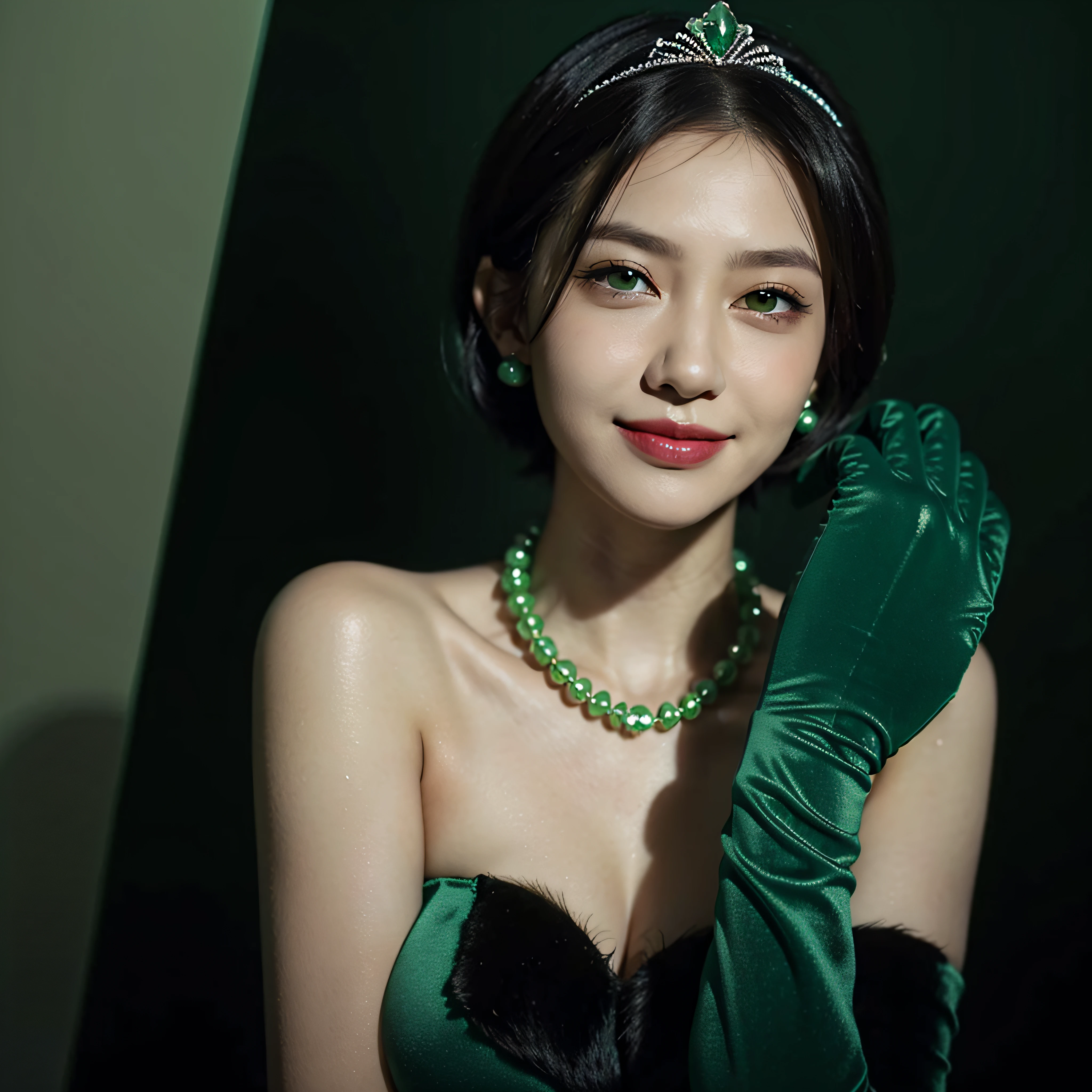 emerald tiara, Green Pearl Necklace, Boyish very short green hair, lipsticks, Japan woman smiling, very short short hair, big breasts beautiful, Green eyes, Long green gloves made of satin material, Green eyes, v sign,V-sign with both hands, Emerald Earrings