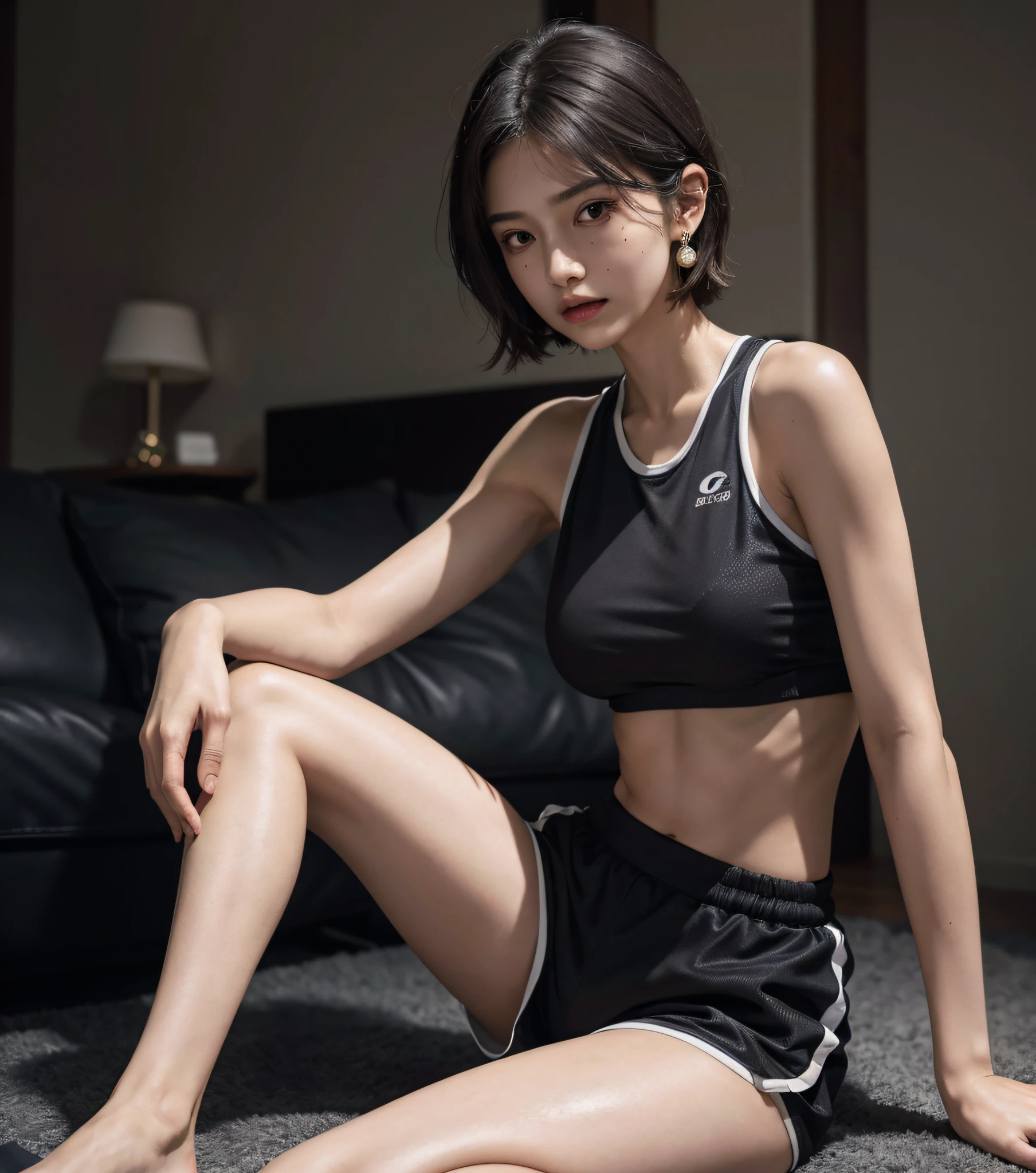 absurdres, RAW photo, extremely delicate and beautiful, masterpiece, Best Quality, ultra high resolution, 16k, hyperrealistic, ultra-detailed, (perfect anatomy), super Detailed skin, perfect figure, Very detailed CG 8k wallpaper, in her 20s, very Slim body, narrow waist, very small head, very small face, delicate facial features, tearful mole, mole on chest, earring, thin legs, (very huge round breasts), midriff, sleeveless, full body shot, short medium hair, ((track suit)), shorts, yuri,