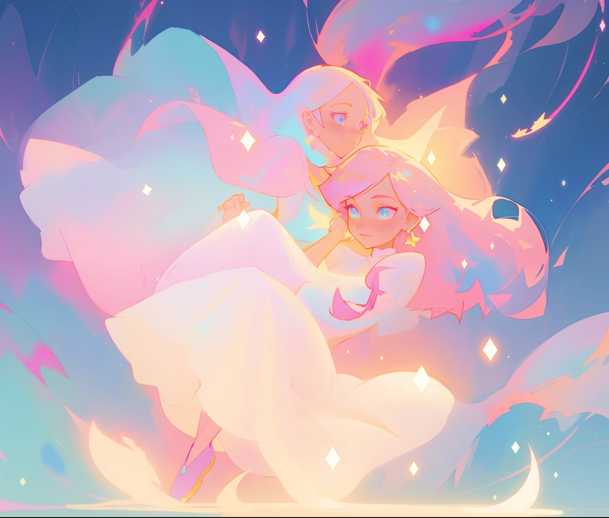 beautiful girl in white arabian dancer dress, arabian princess, arabian dress, long colorful sparkling pink hair, watercolor illustration, Lois van Baarle, glowing aura around her, Glen Keane, jen bartel, glowing hair, beautiful digital illustration, fantasia background, beautiful, masterpiece, best quality, anime disney style, (detailed eyes), golden ratio, perfect composition, (perfect anatomy)