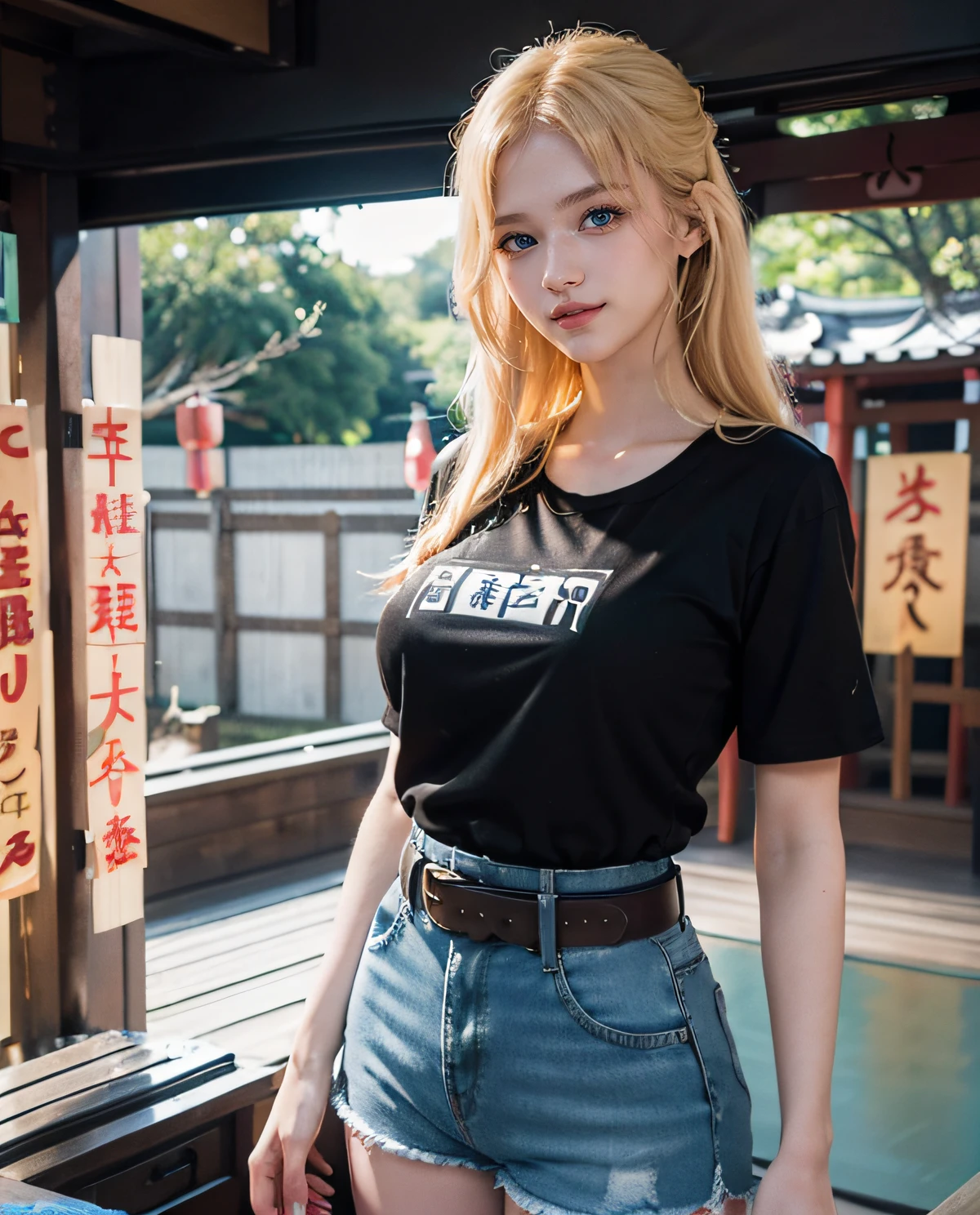 1girl, (Blue eyes), (Smile), (Sana Minatozaki), wide hips, Big Boobs, big ass, (Best Quality, 8k, Masterpiece: 1.3), perfect hands, Clear Focus: 1.2, Perfect Body Beauty: 1.4 , Slender Abs: 1.2, Highly detailed face and skin texture, detailed eyes, double eyelids, (blonde long hair), (black short t-shirt :1.2), (denim shorts), leather belt, standing, ((in a matsuri :1.3)), celebrations, (fair tents :1.2), ((many people in the background 1.4))