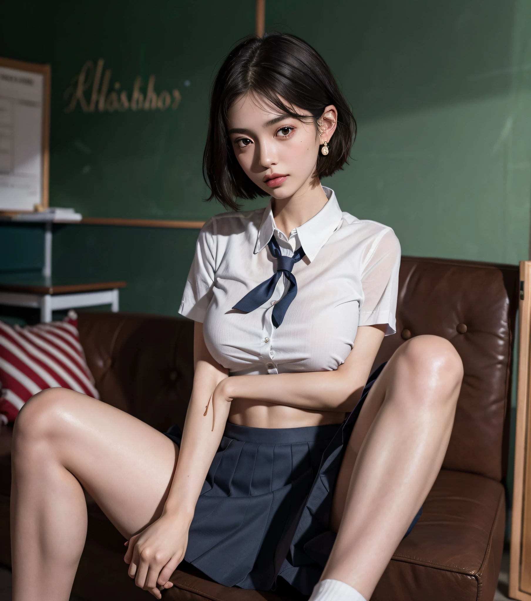 absurdres, RAW photo, extremely delicate and beautiful, masterpiece, Best Quality, ultra high resolution, 16k, hyperrealistic, ultra-detailed, (perfect anatomy), super Detailed skin, perfect figure, Very detailed CG 8k wallpaper, in her 20s, very Slim body, narrow waist, very small head, very small face, delicate facial features, tearful mole, earring, thin legs, (very huge round breasts), (full body shot), short medium hair, (((school uniform))),