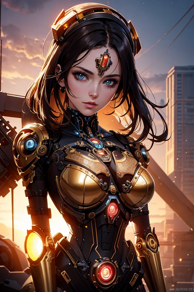 Portrait of a steampunk robot woman, intricately detailed, digital lighting, sunset gradient, trending artstation hq, octane render, unreal engine 4 mdjrny-v4 style