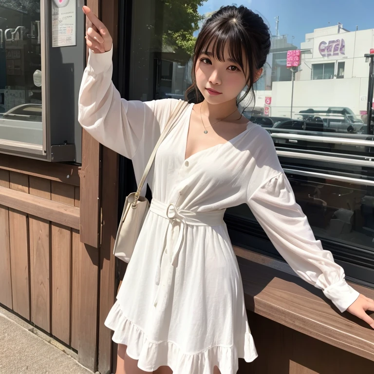 Yoshiko Akishino、20yr old、femele、White dress figure、cafes、Semi-long、coffee cup