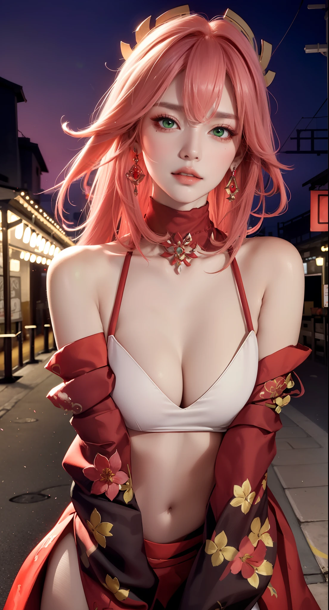 ((autumn background))), ((market place background)))), (((luminous background))), (Masterpiece, Excellent, 1girl, solo, complex details, color difference), realism, ((medium breath)), off-the-shoulders, big breasts, sexy, Yae Miko, long pink hair, red headdress, red highlight, hair above one eye, green eyes, earrings, sharp eyes, perfectly symmetrical figure, choker, neon shirt, open jacket, turtleneck sweater, graffiti, dim lighting, alley, looking at the audience, ((mean, seductive, charming)), (dynamic pose), tulle, bare shoulders, blooming flower fields, radiant skin, faint smile, sexy, bust, no breast cover, naked, cocked ass, tummy look