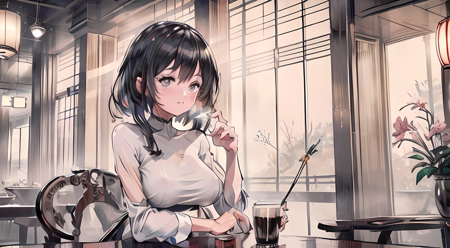 sexy woman drinking coffee in a cozy japanese café from 1920, (Sharp focus:1.3), high detail, wearing (tight shirt:1.2), beautiful detailed face (attractive young woman:1.3), (seductive:1.1), (blushing:1.1), hourglass body shape, small round breasts, wide hips