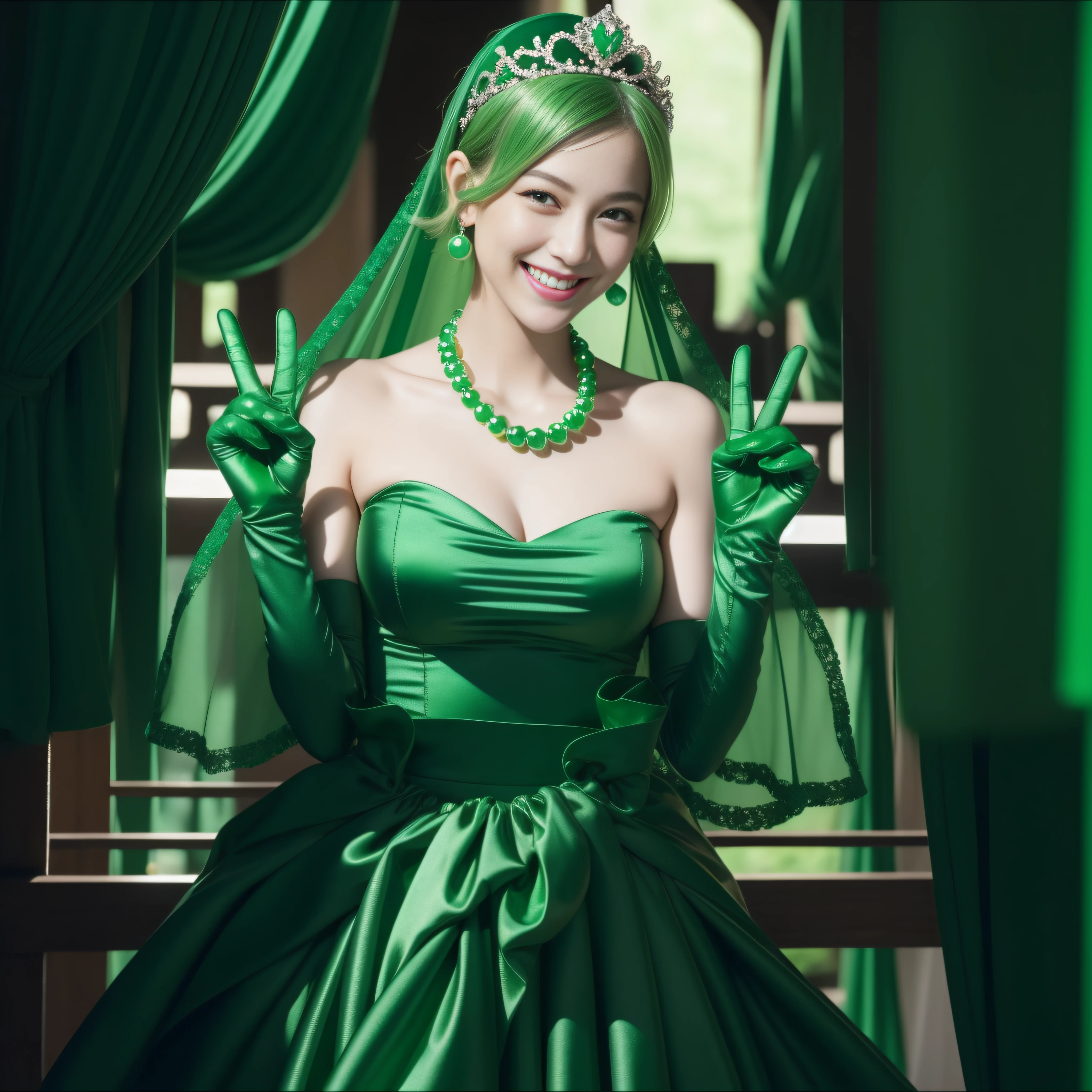 emerald tiara, Green Pearl Necklace, Boyish very short green hair, lipsticks, Japan woman smiling, very short short hair, big breasts beautiful, Green eyes, Long green gloves made of satin material, Green eyes, v sign,V-sign with both hands, Emerald Earrings